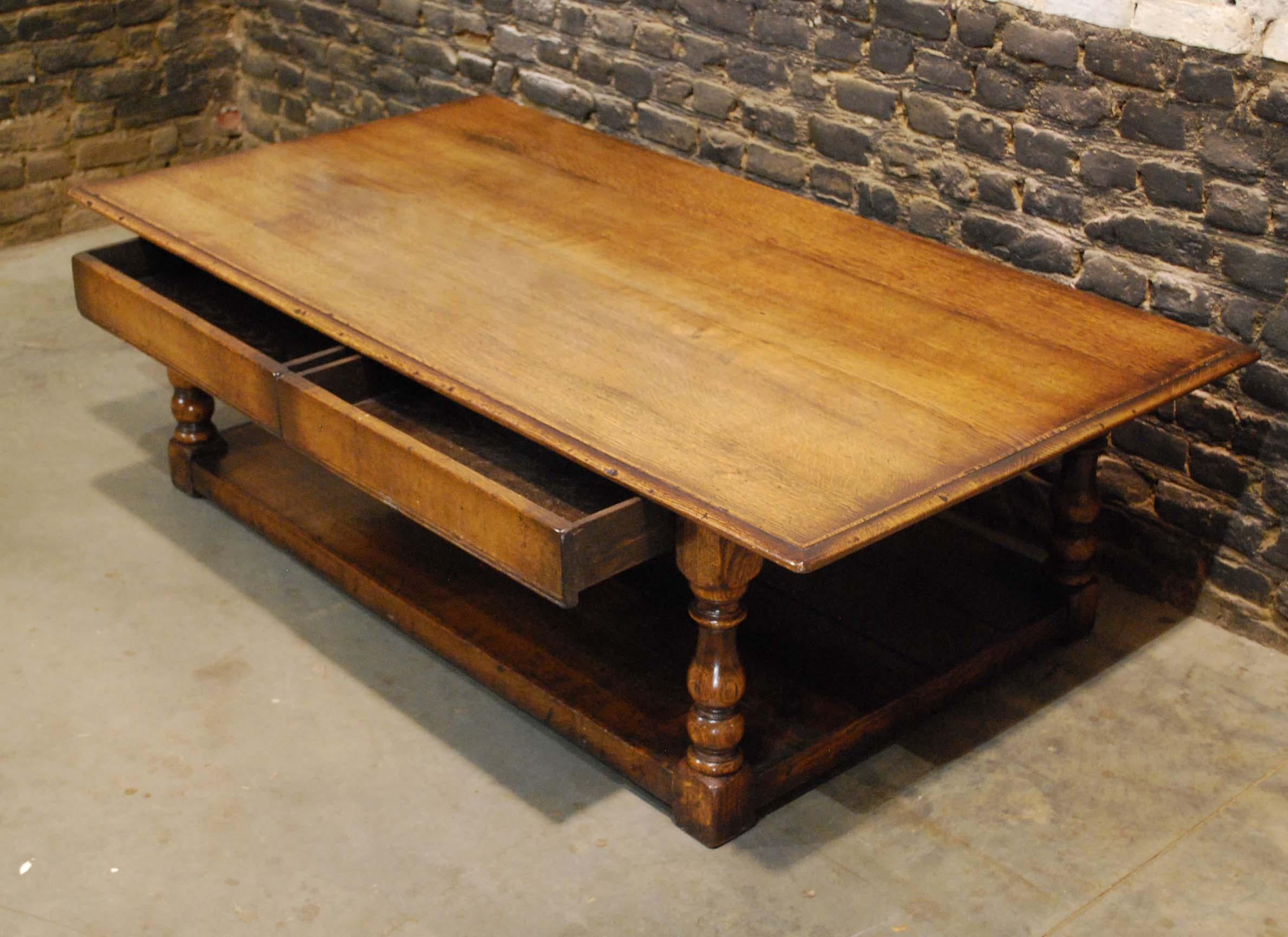 British Honey-Colored Solid Oak English Coffee Table with Pot Board