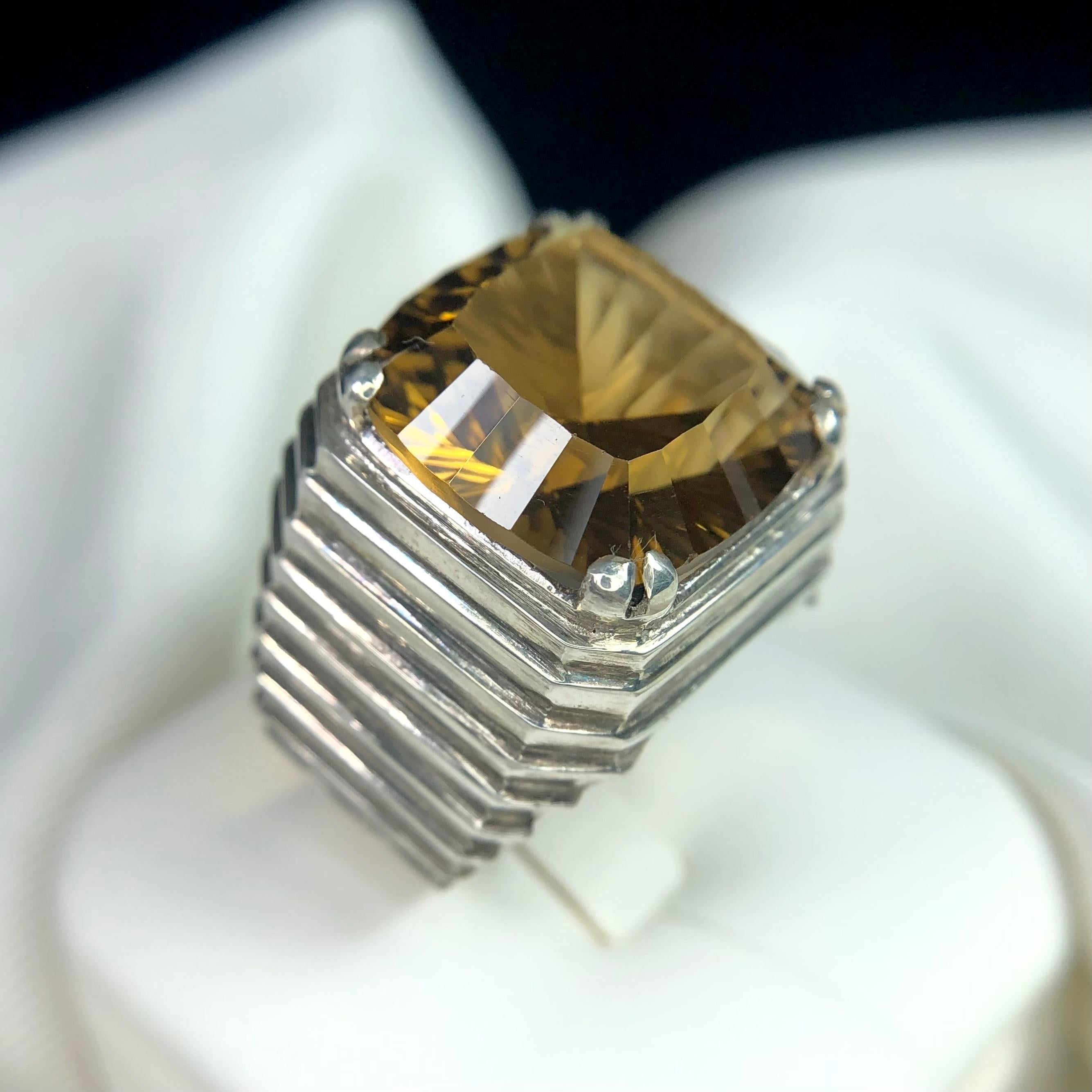 Artisan Honey Golden Natural Citrine Gemstone St.Silver Ring Handmade Fancy Concave Cut