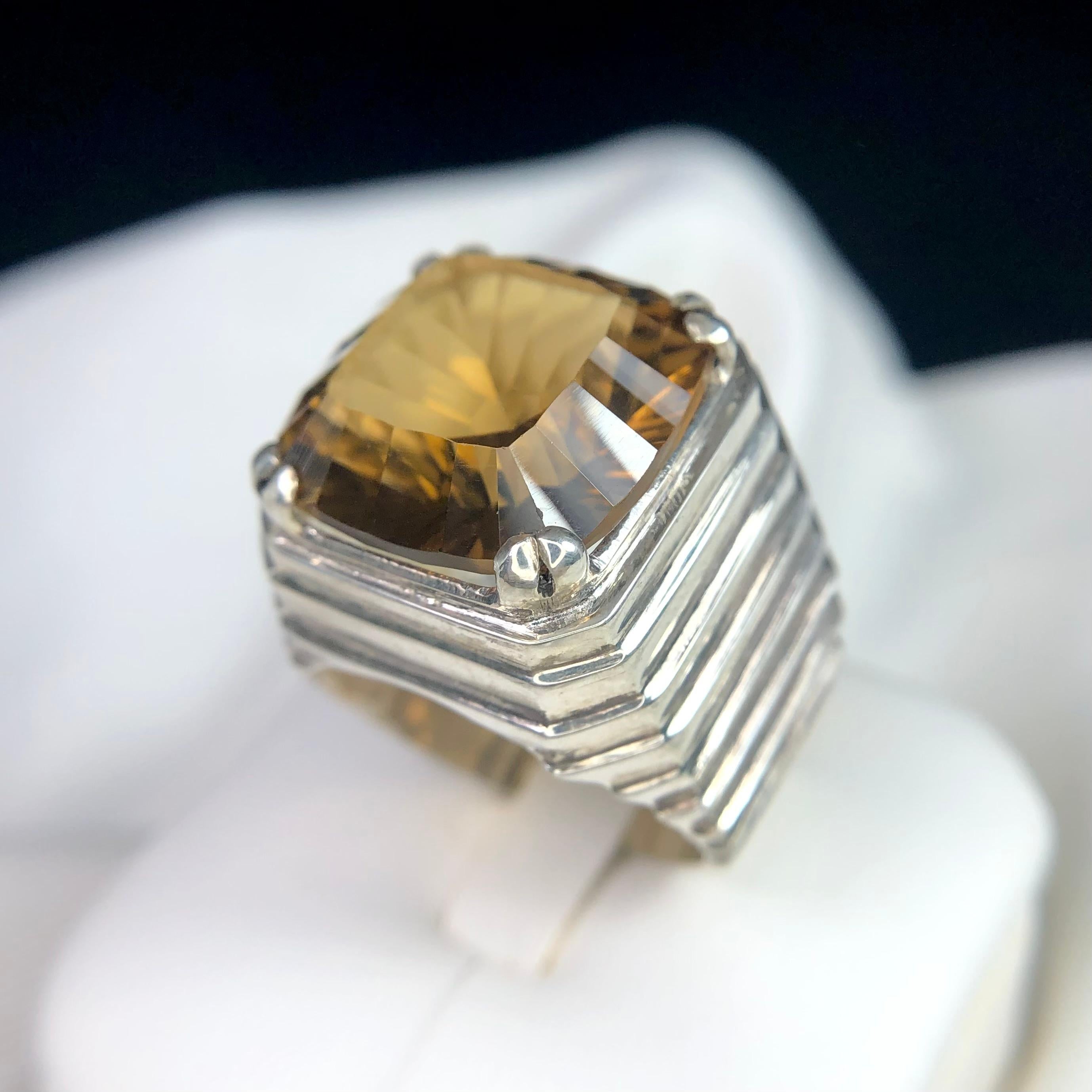 Antique Cushion Cut Honey Golden Natural Citrine Gemstone St.Silver Ring Handmade Fancy Concave Cut