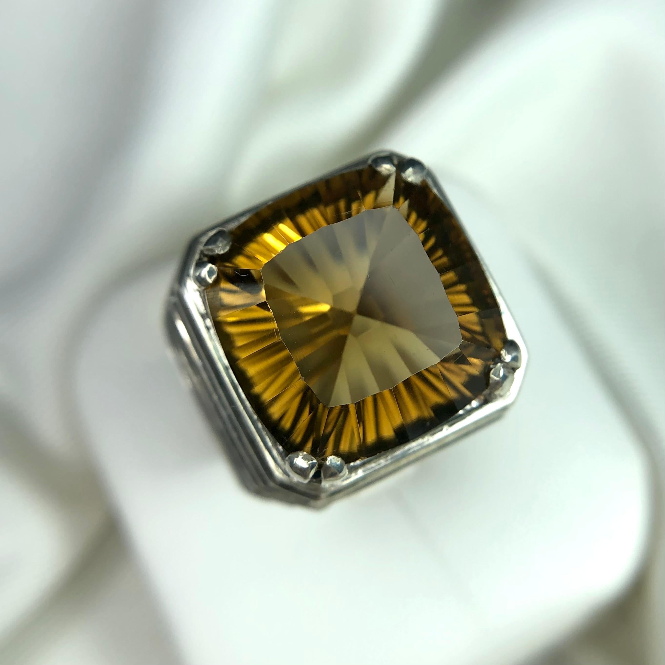 Men's Honey Golden Natural Citrine Gemstone St.Silver Ring Handmade Fancy Concave Cut