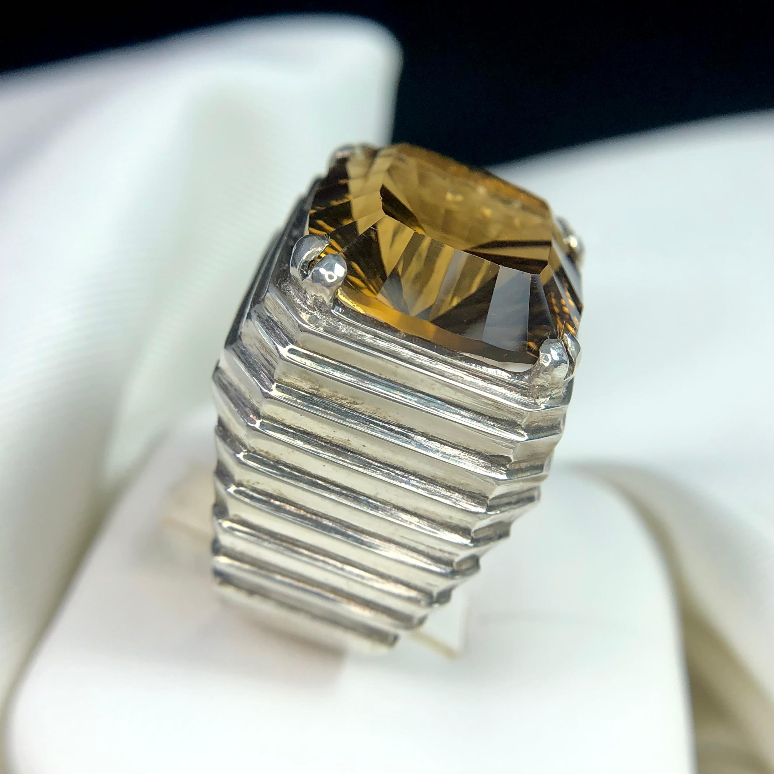 Honey Golden Natural Citrine Gemstone St.Silver Ring Handmade Fancy Concave Cut 2