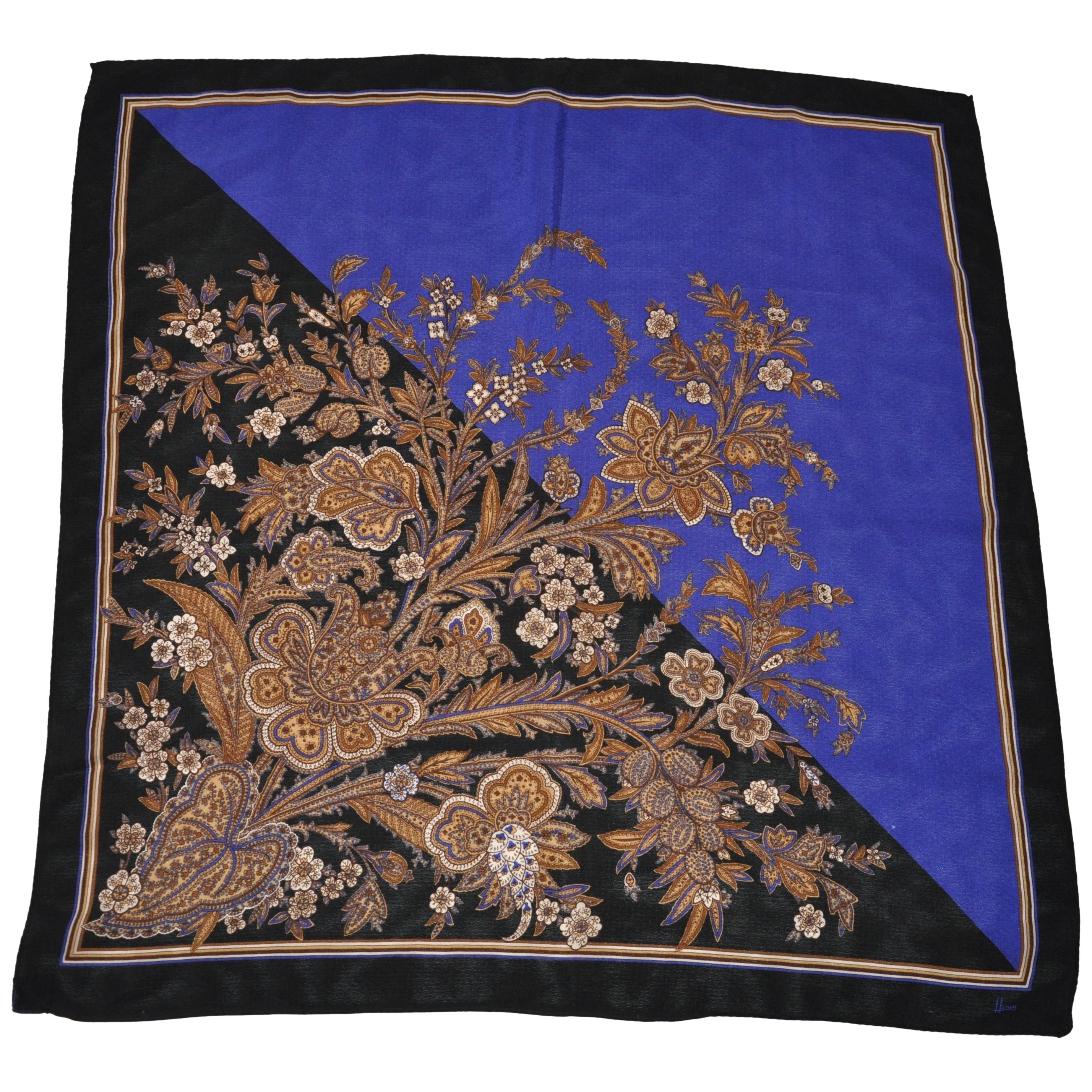 Honey Majestic Royal Blue & Midnight Black "Clusters of Florals" Silk Scarf