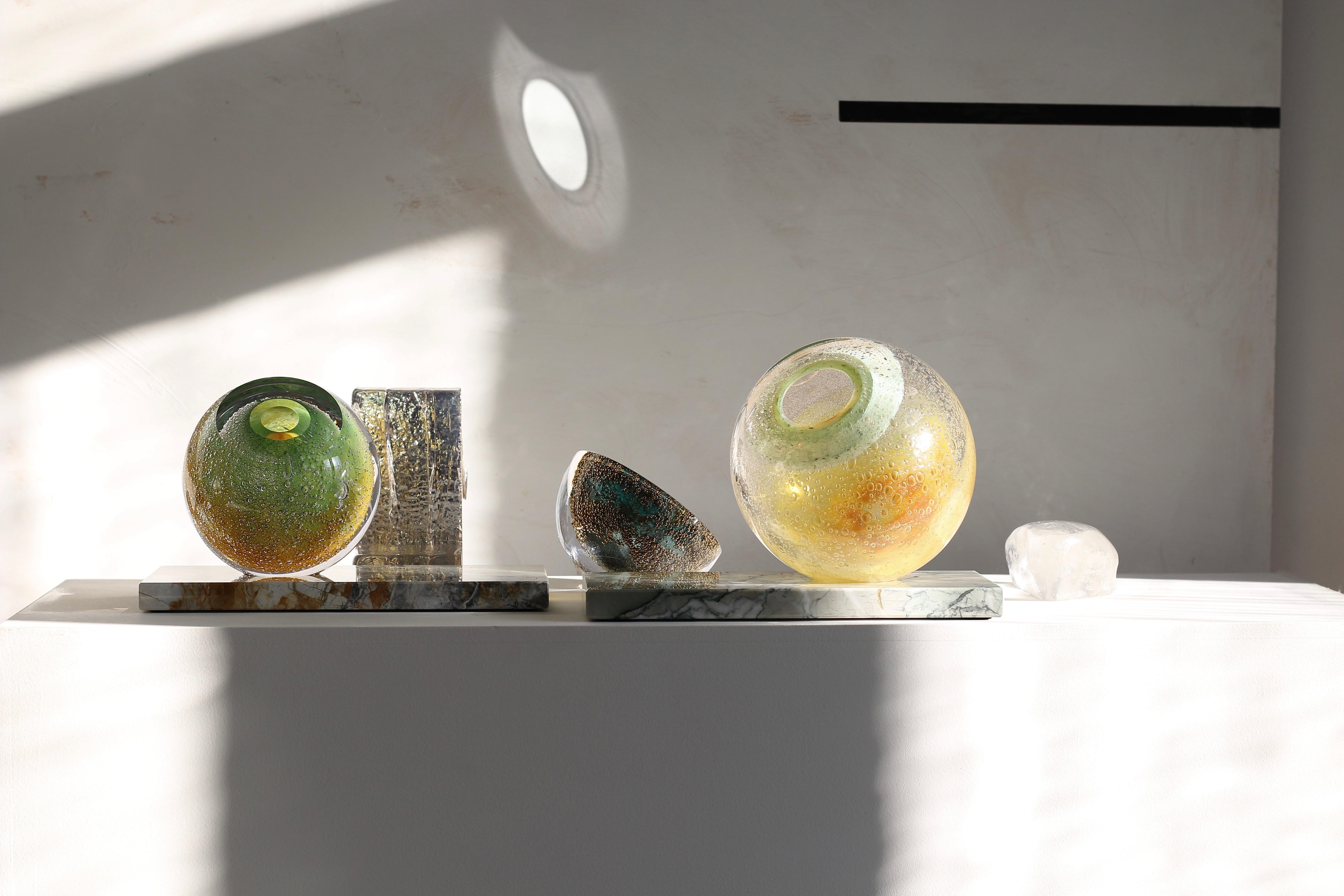 Contemporary 'Honey Orb' Yellow & Green Glass Vase on Marble