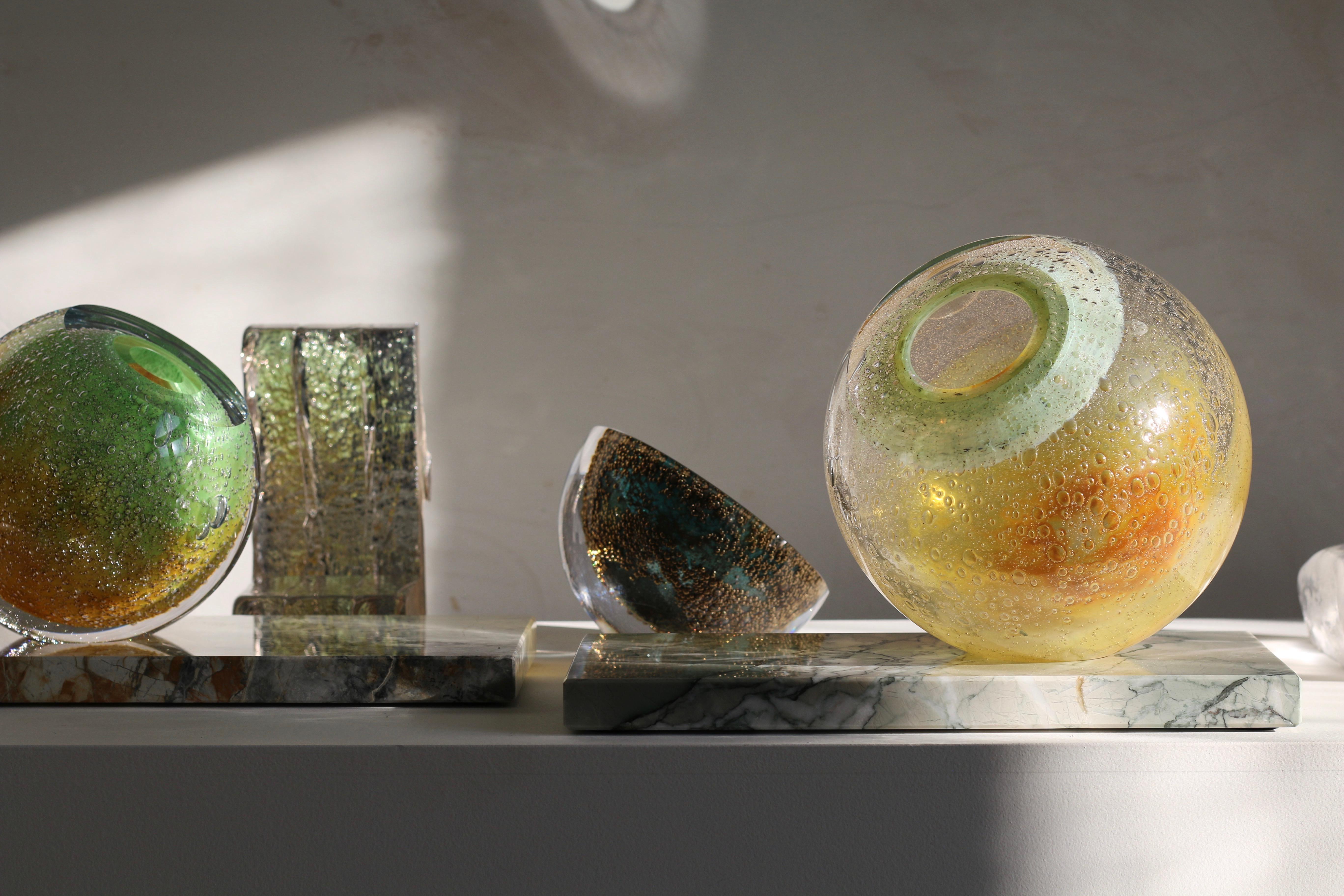 Minimalist 'Honey Orb' Yellow & Green Glass Vase on Marble