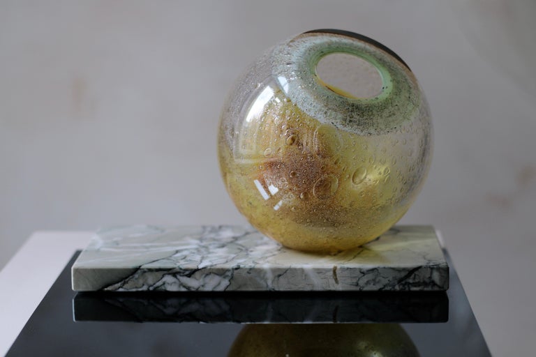 Hand-Crafted 'Honey Orb' Yellow & Green Glass Vase For Sale
