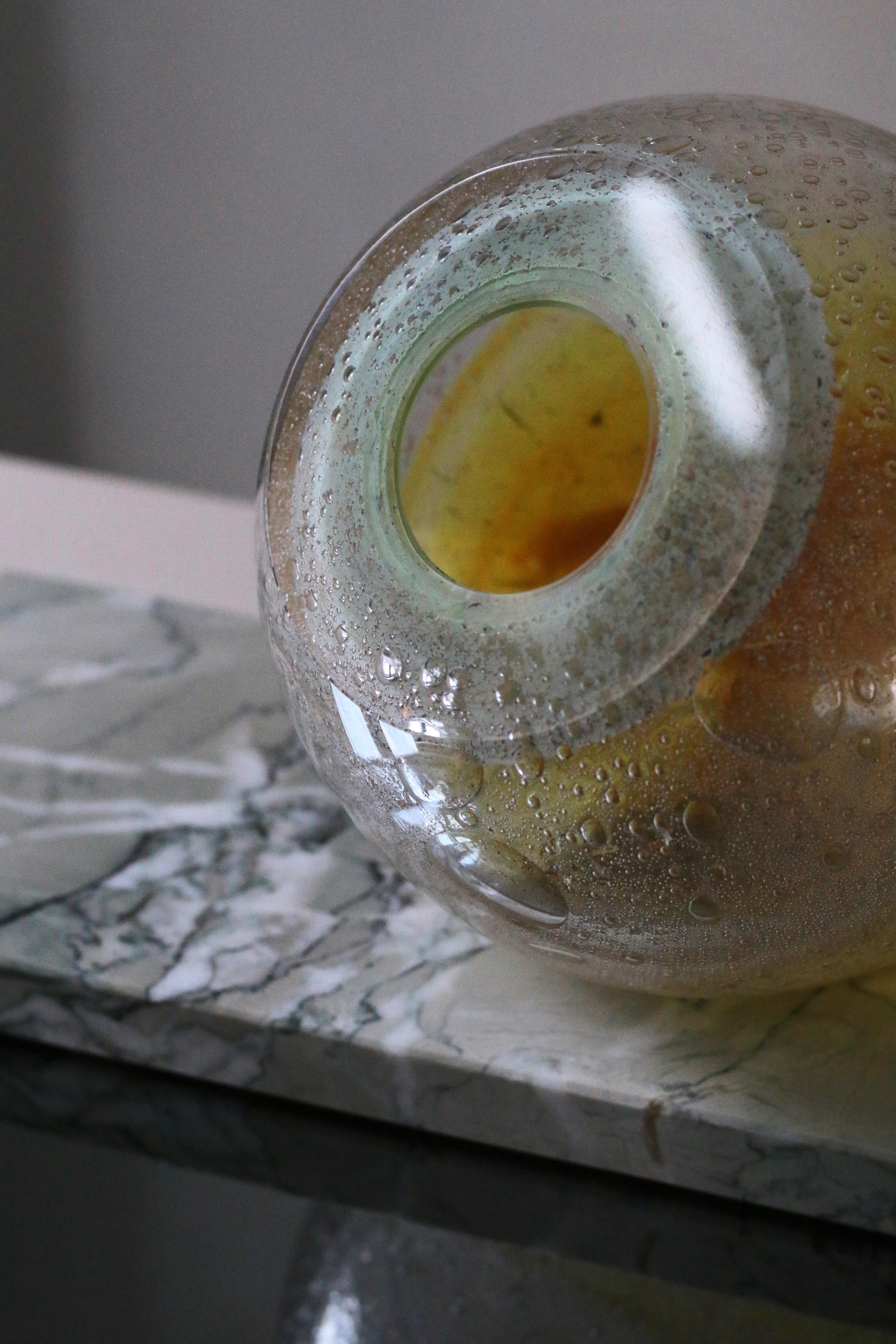 Polished 'Honey Orb' Yellow & Green Glass Vase on Marble