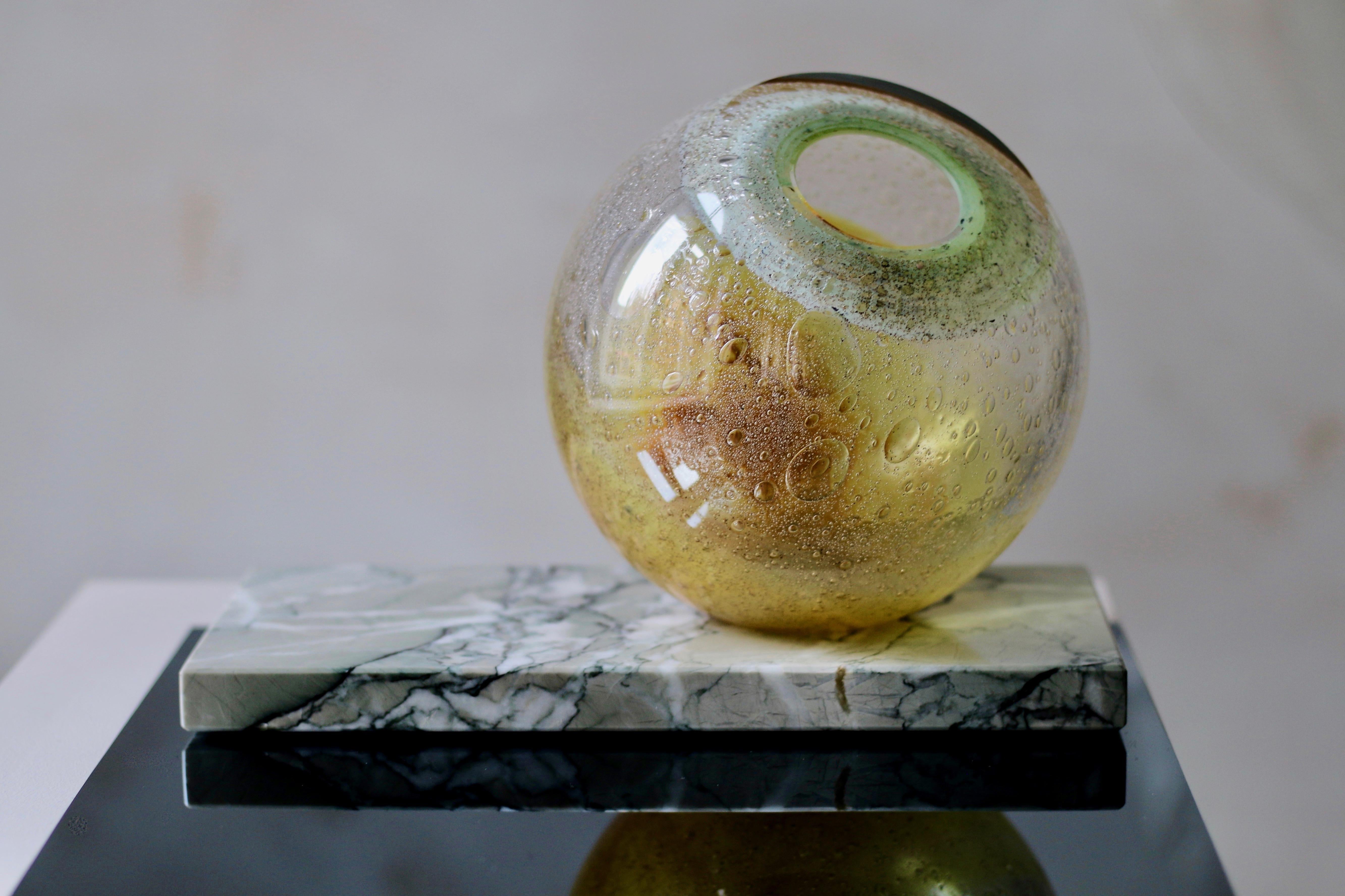 'Honey Orb' Yellow & Green Glass Vase on Marble 1