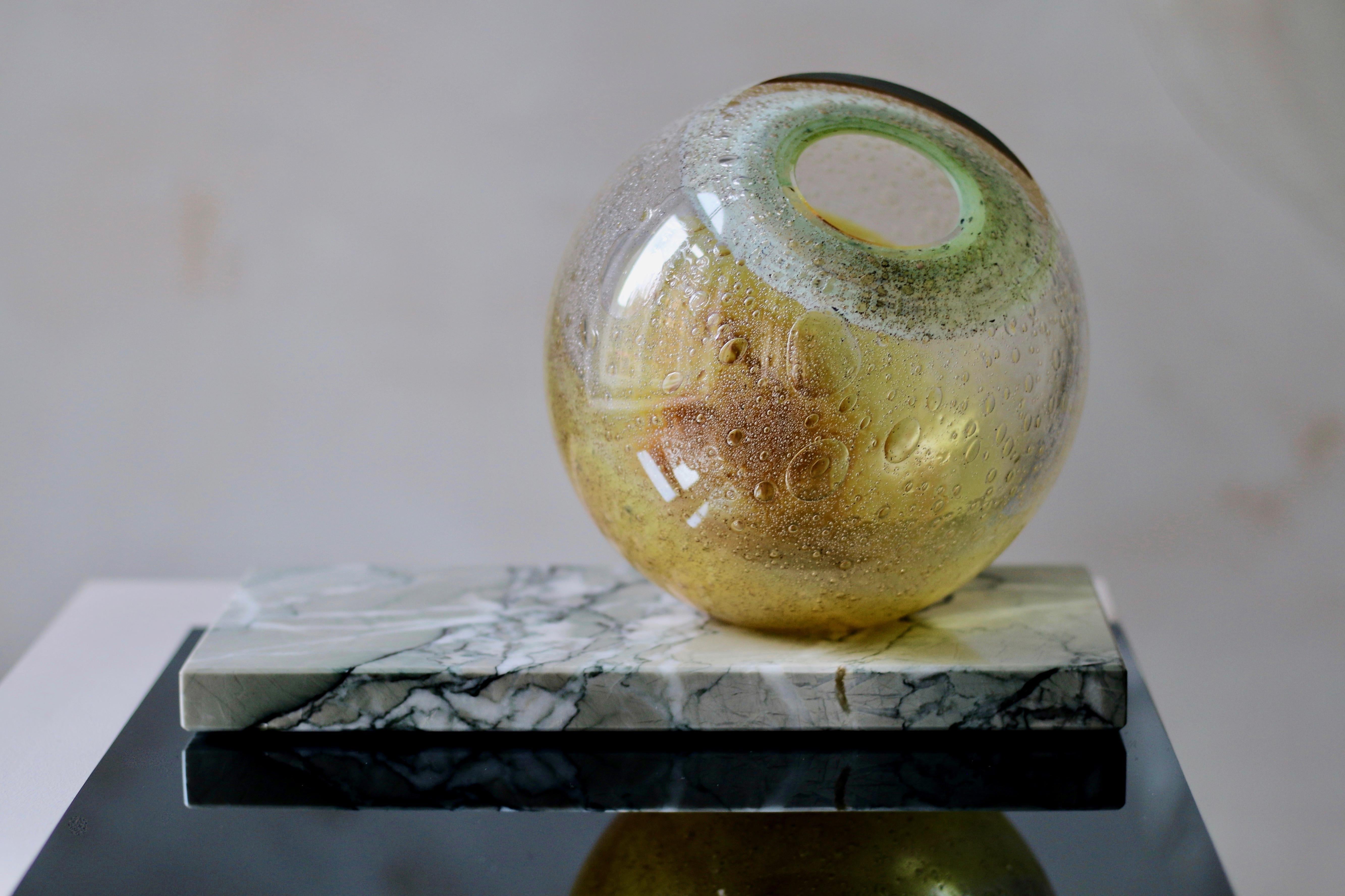 'Honey Orb' Yellow & Green Glass Vase on Marble 2