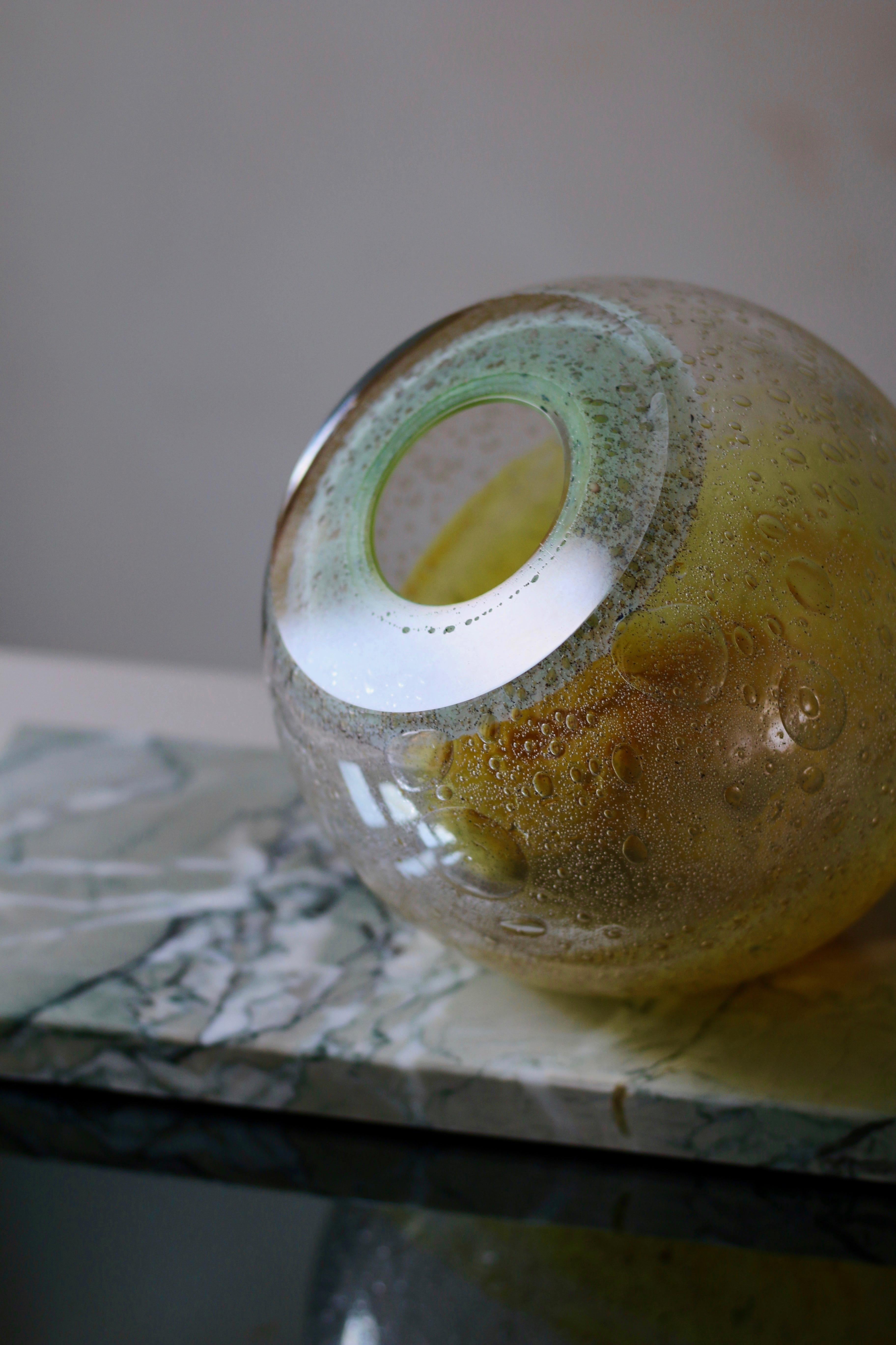 'Honey Orb' Yellow & Green Glass Vase on Marble 2