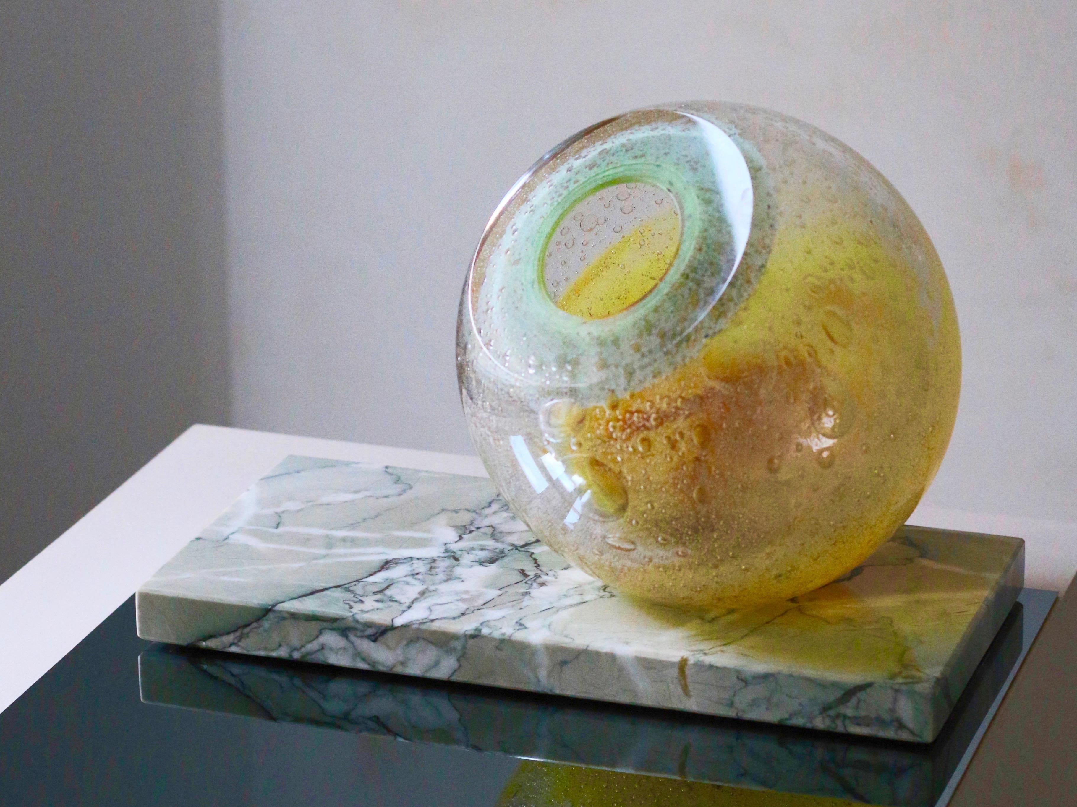 'Honey Orb' Yellow & Green Glass Vase on Marble 4