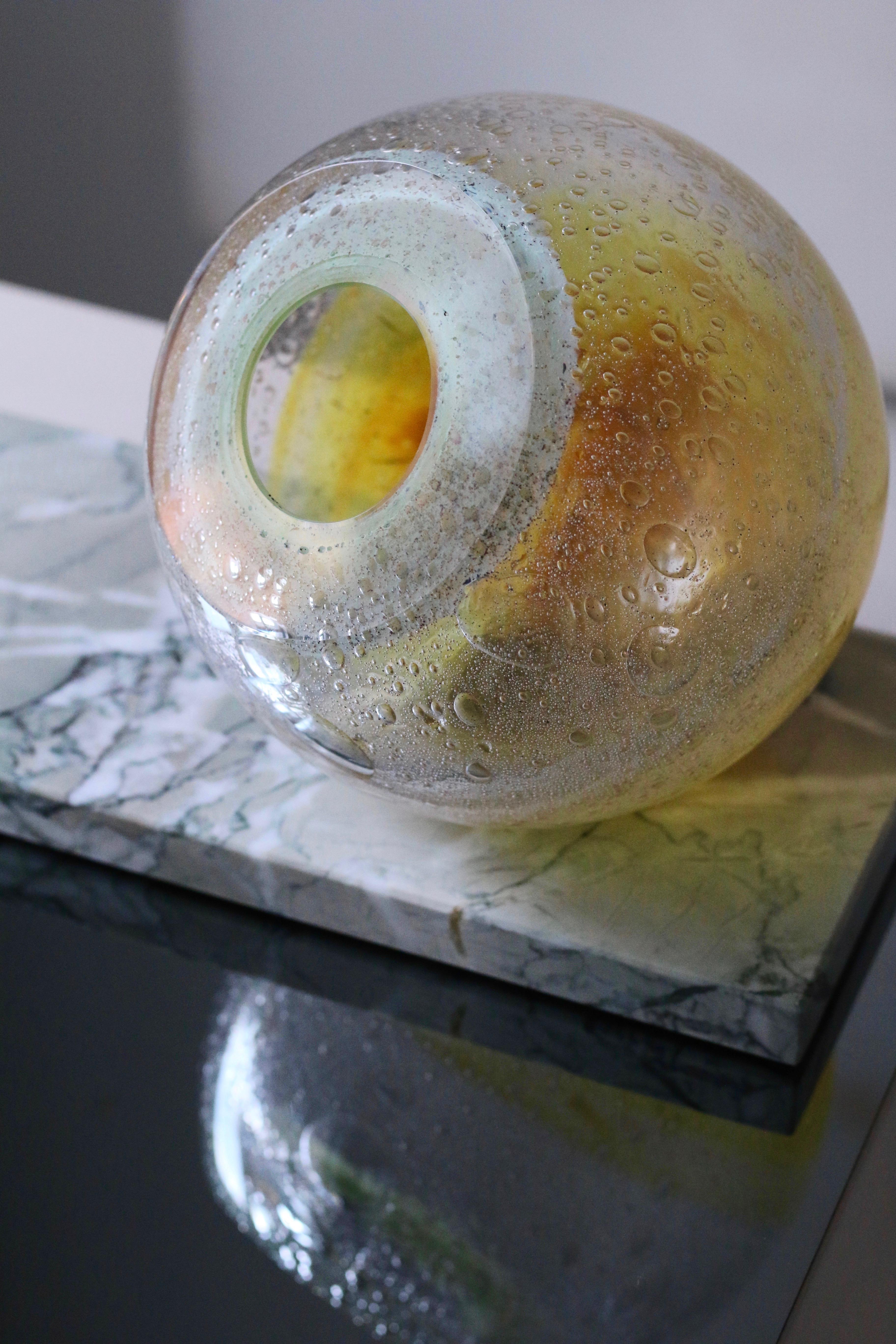 'Honey Orb' Yellow & Green Glass Vase on Marble 6
