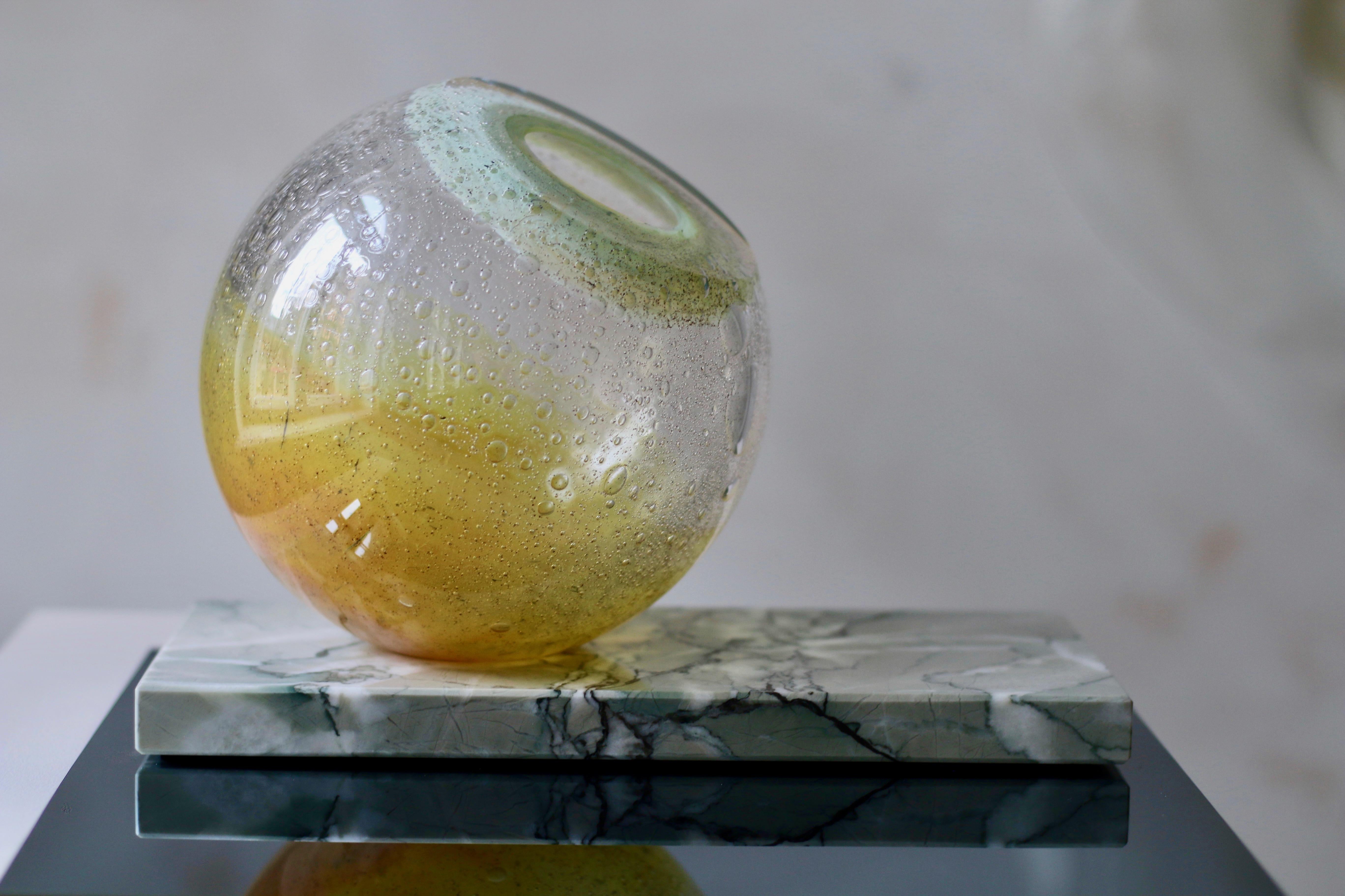 'Honey Orb' Yellow & Green Glass Vase on Marble 1
