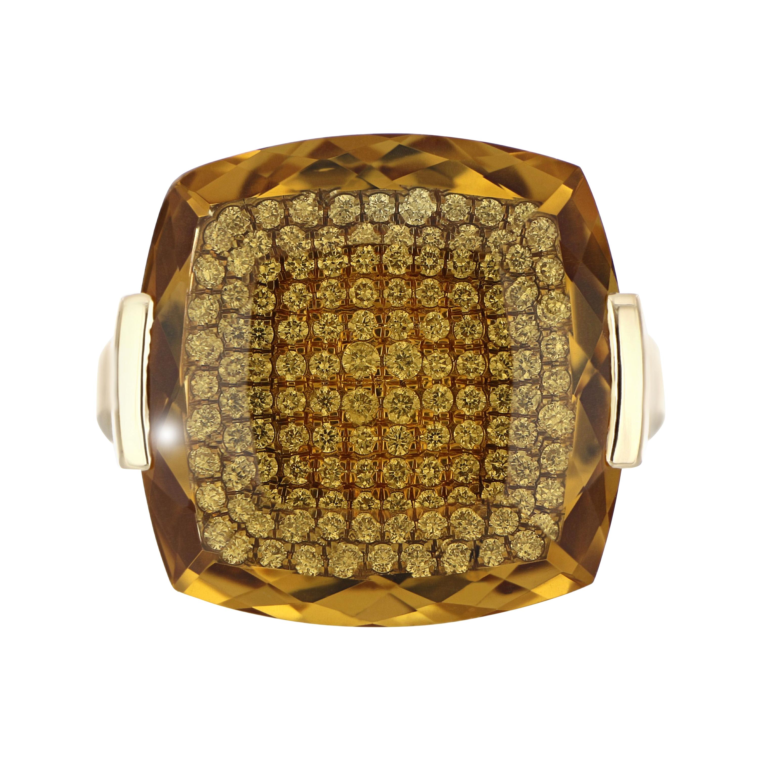 Honey Quartz and Diamond Studded Ring in 14 Karat Yellow Gold For Sale