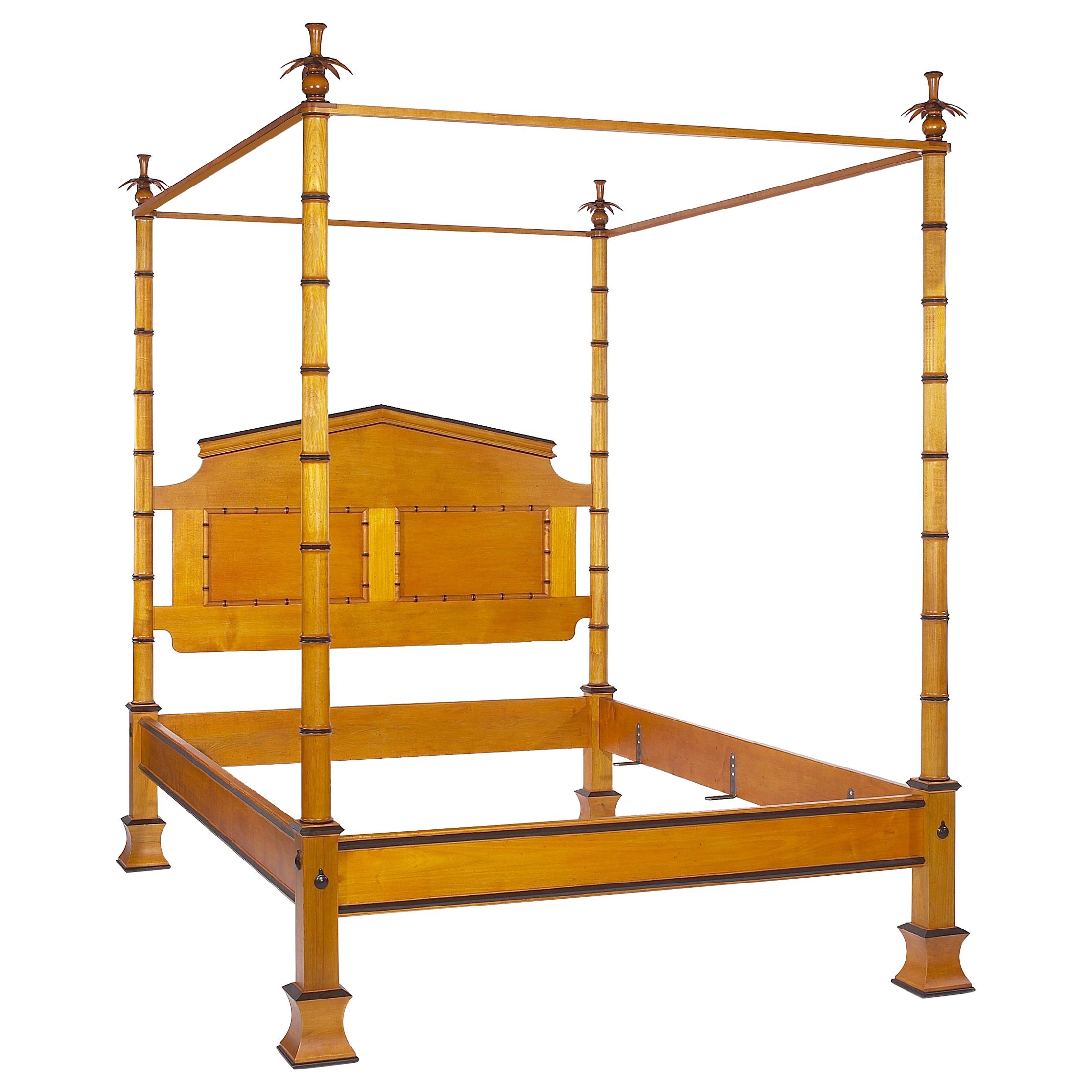 Honey Stained Maple Four Poster Bamboo Style Bed with Palm Frond Finials  For Sale