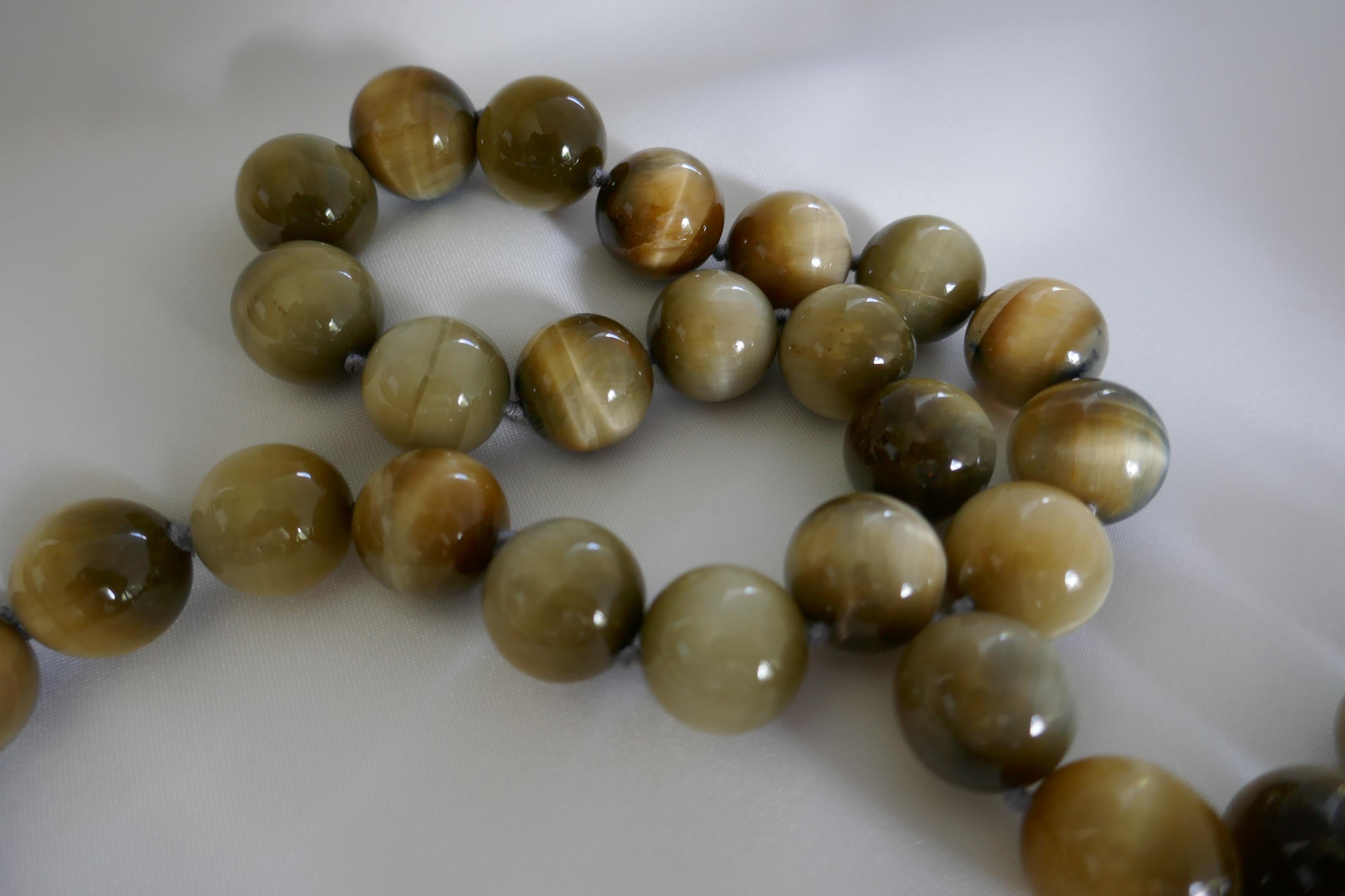 16mm Honey Tiger Eye 925 Sterling Silver Clasp Long Gemstone Necklace In New Condition For Sale In Coral Gables, FL