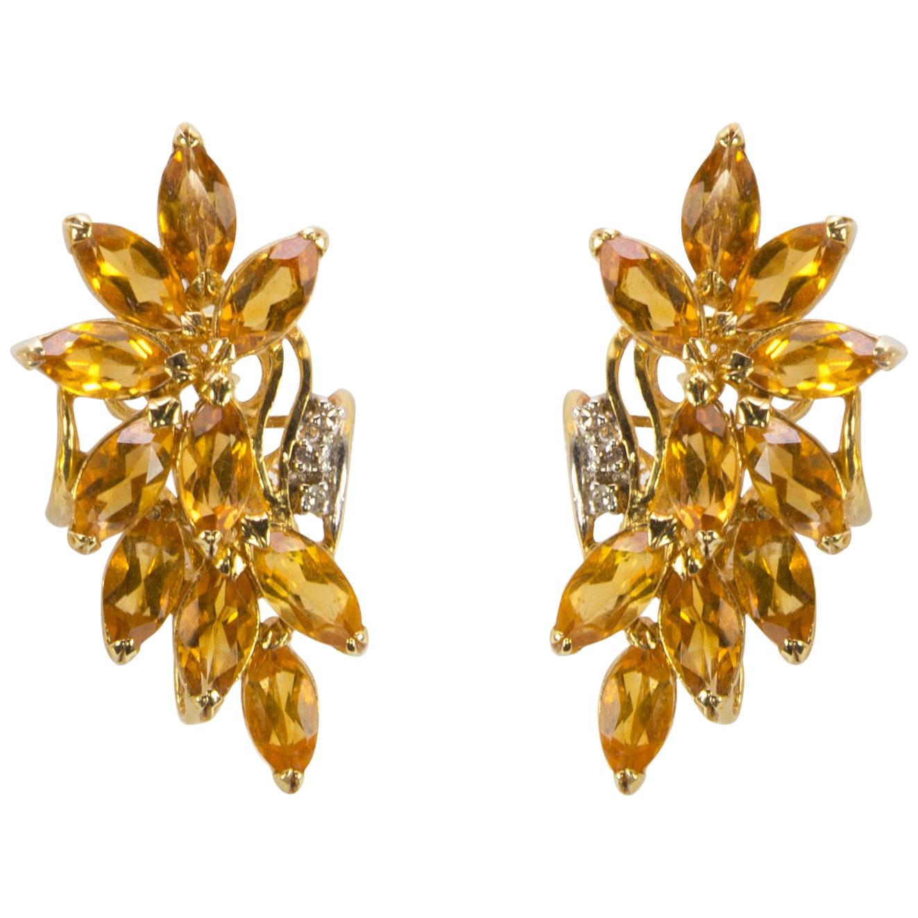 Honey Topaz Spray and Diamond Gold Stud Earrings Estate Fine Jewelry