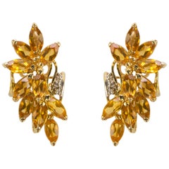 Honey Topaz Spray and Diamond Gold Stud Earrings Estate Fine Jewelry