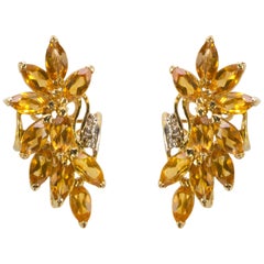 Vintage Honey Topaz Spray and Diamond Gold Stud Earrings Estate Fine Jewelry