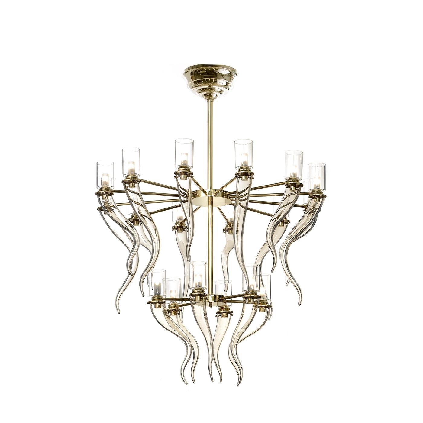 This exquisite chandelier was made of mouth-blown Venetian glass shaped in a series of horn-like elements in a delicate honey color. These pieces are tiered in two layers, one layer with twelve, the other with six - to create dramatic depth.