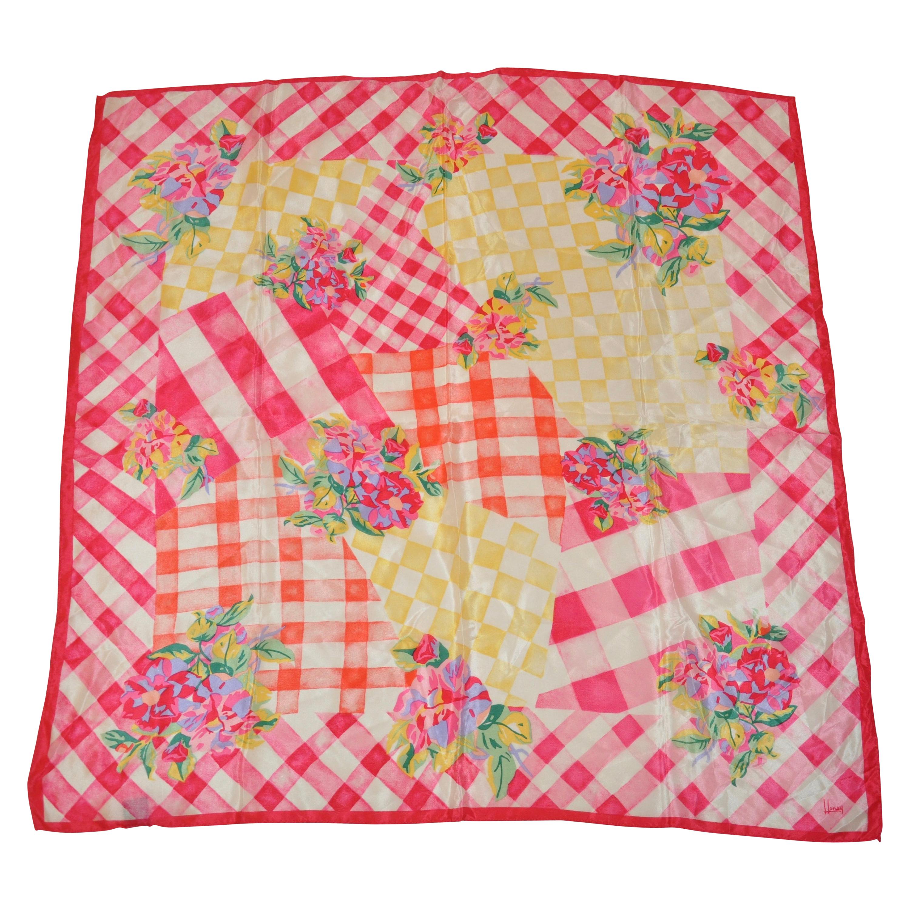Honey Wonderful Multicolor "Springtime Floral Picnic Spread" Silk Scarf For Sale