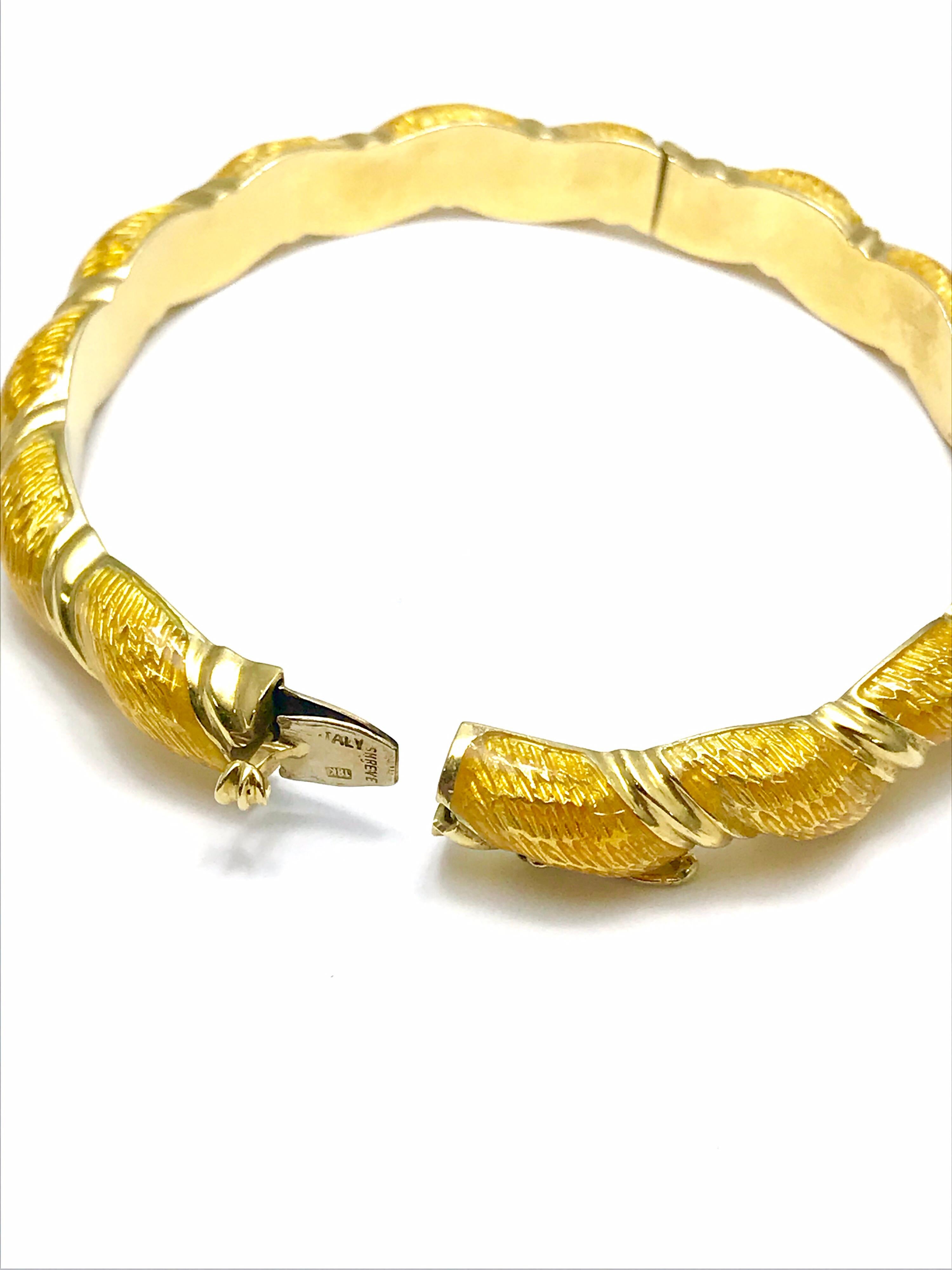 Honey Yellow Guilloche Enamel and 18 Karat Yellow Gold Bangle Bracelet In Excellent Condition In Chevy Chase, MD