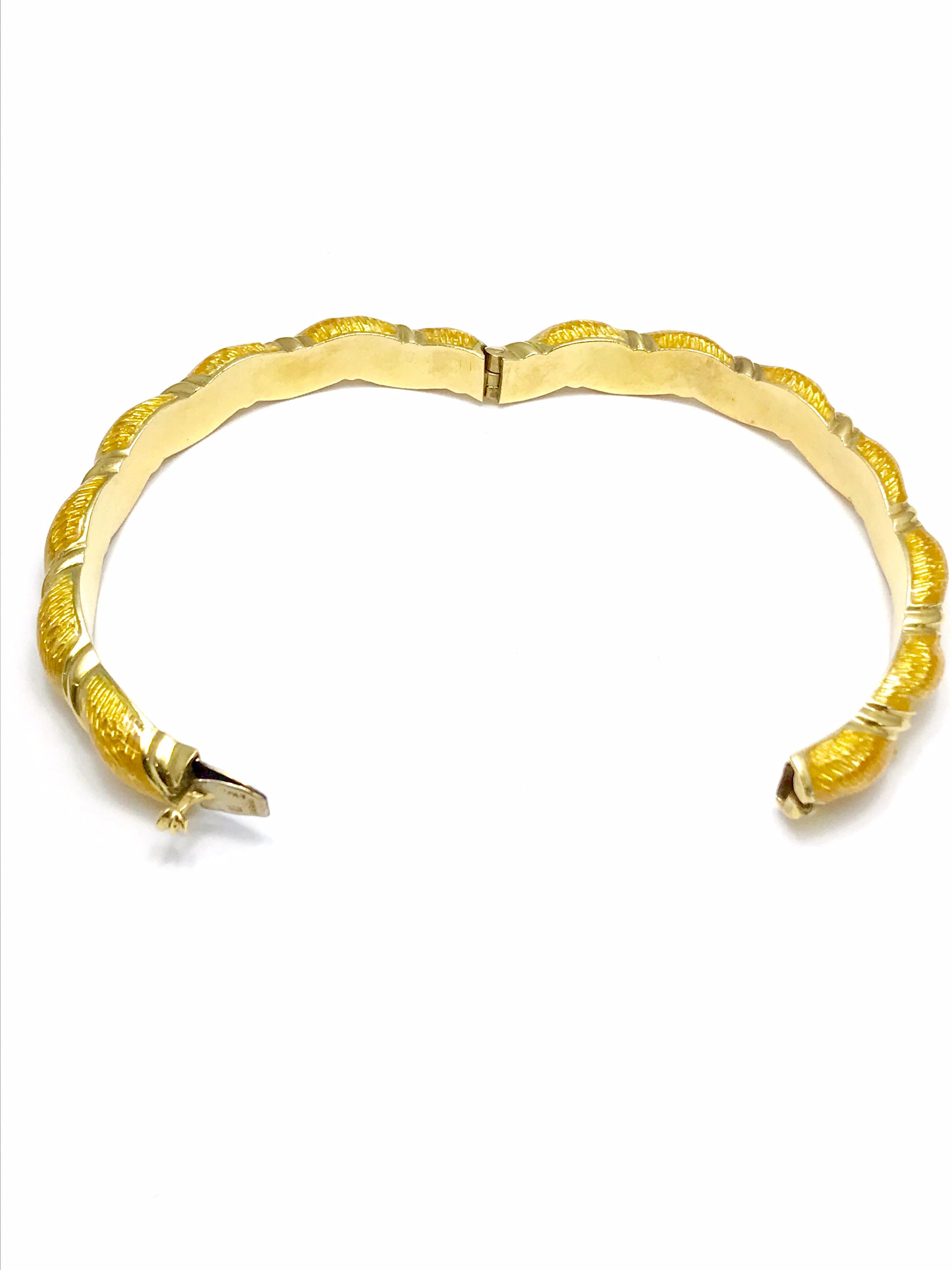 Women's or Men's Honey Yellow Guilloche Enamel and 18 Karat Yellow Gold Bangle Bracelet