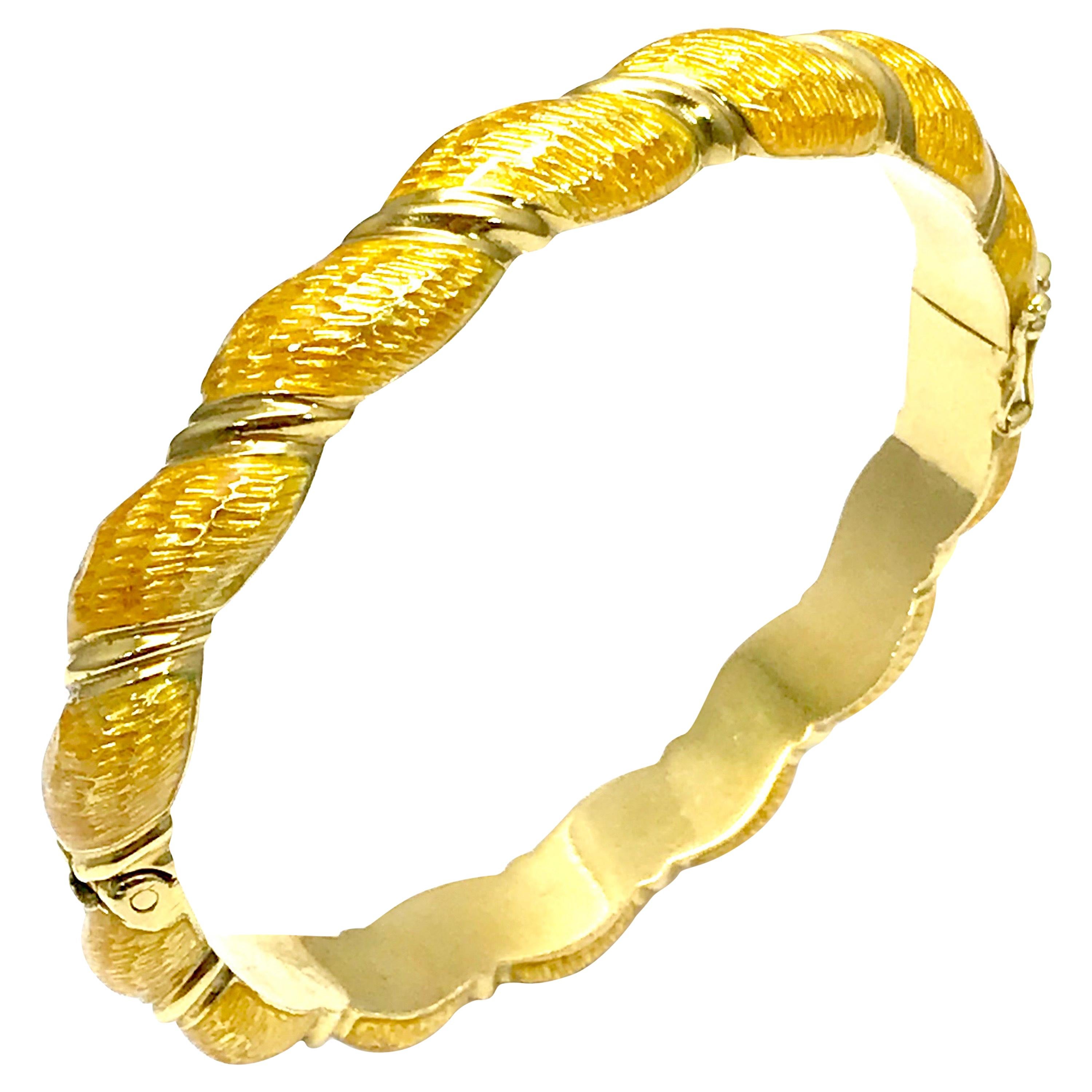 Honey Yellow Guilloche Enamel and 18 Karat Yellow Gold Bangle Bracelet