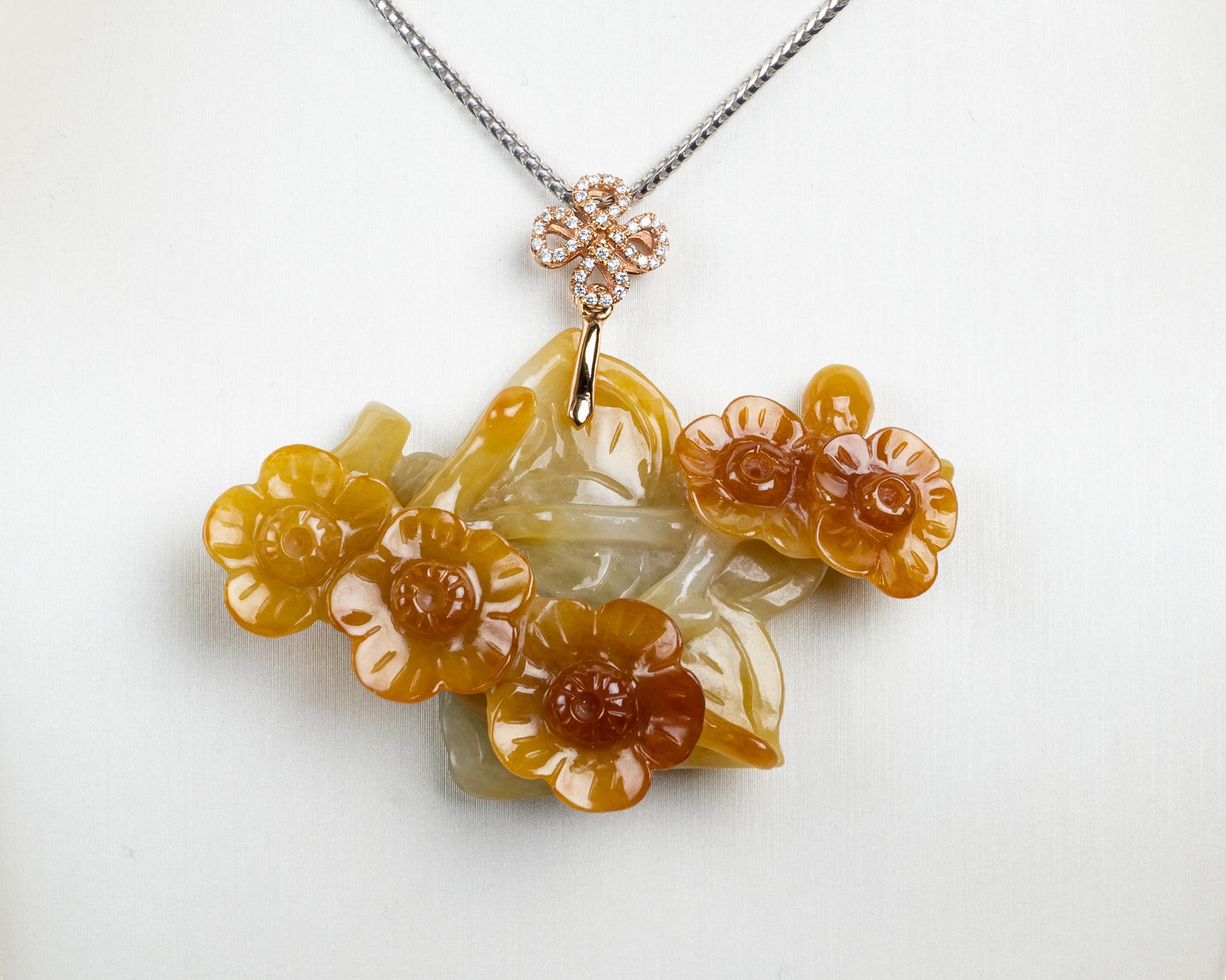 Modern Honey Yellow Jadeite Jade Flower Pendant, GIA Certified Untreated For Sale