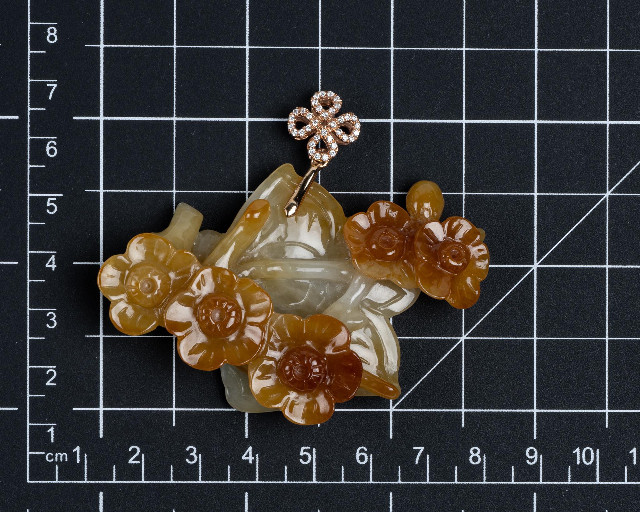 Rough Cut Honey Yellow Jadeite Jade Flower Pendant, GIA Certified Untreated For Sale