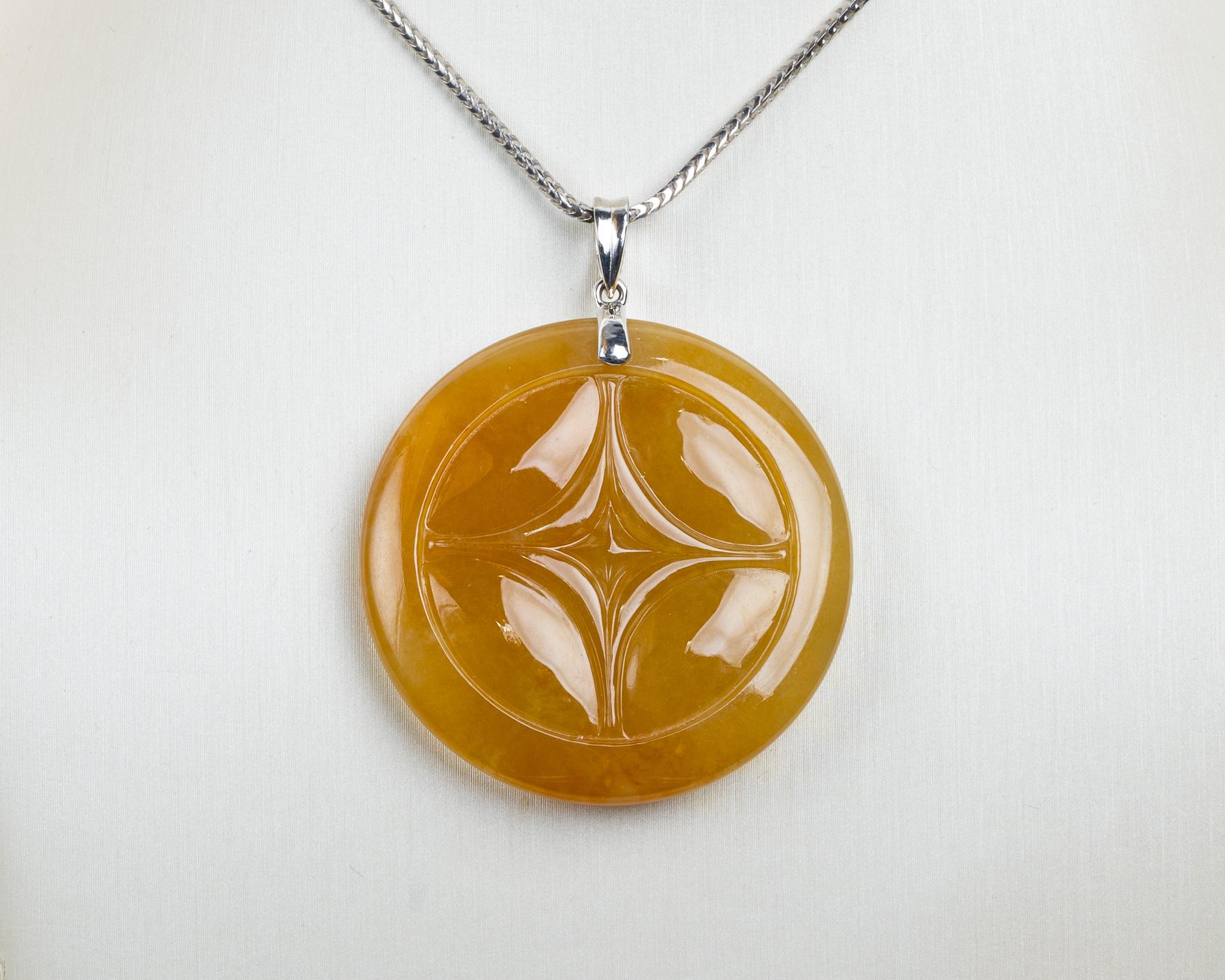 Rough Cut Yellow Jadeite Jade Gold Coin Pendant, Certified Untreated