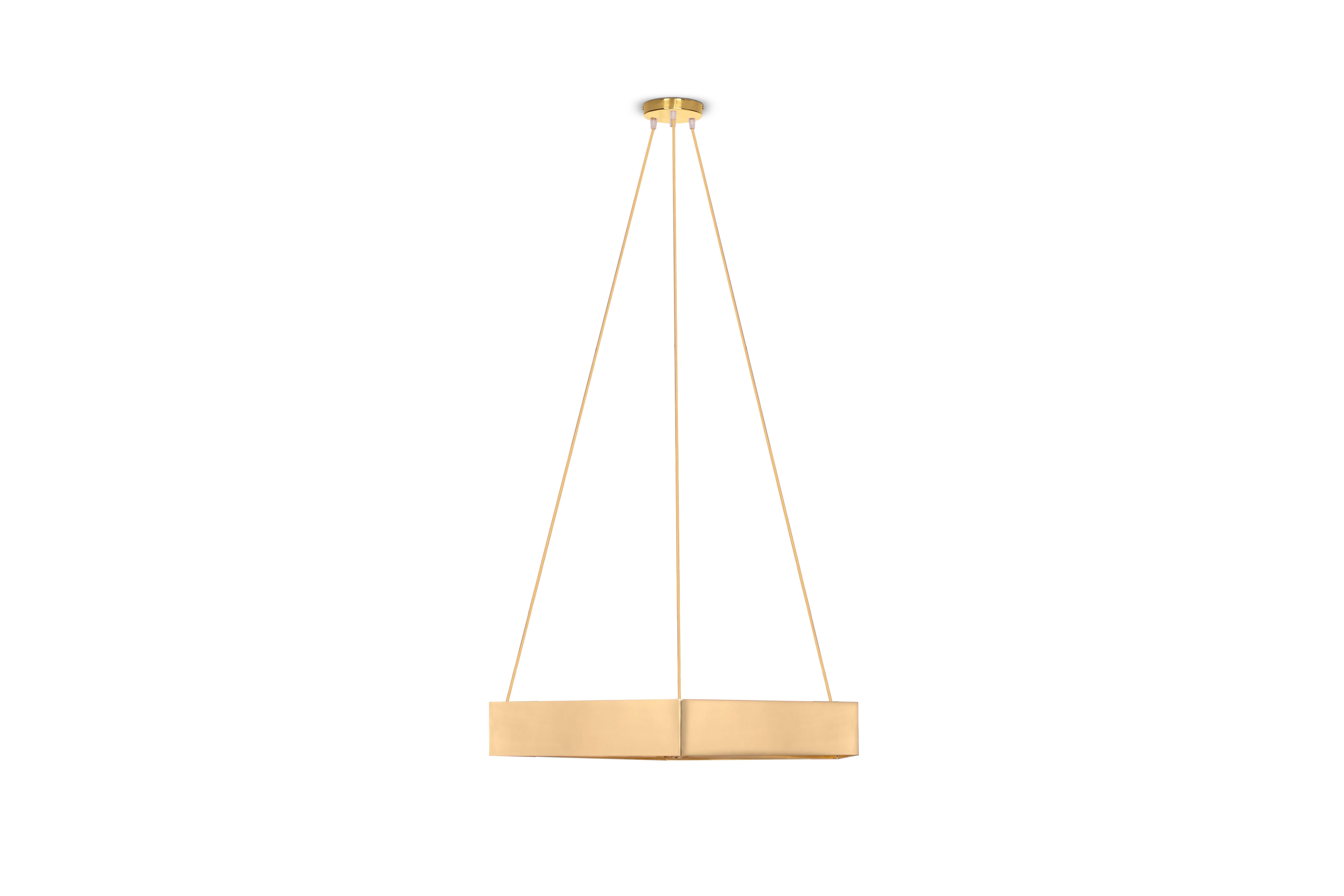 Honeybee ceiling lamp, Royal Stranger
Dimensions: 16 x 80 x 83 cm 
The total height is adjustable.
Material: brass (also available in copper or stainless steel in polished or brushed finish.).

A suspended element with hexagonal shape