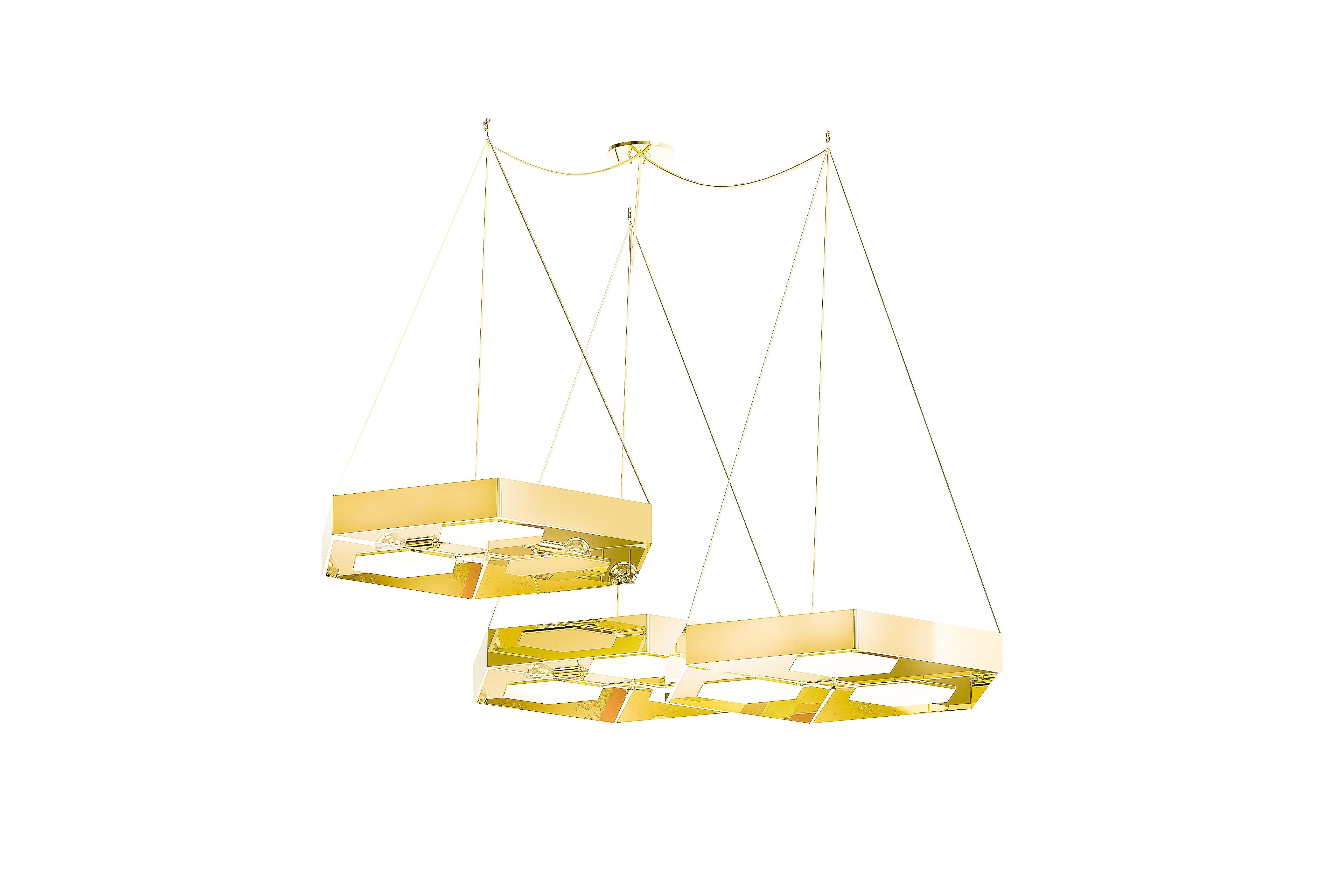 Honeybee ensemble of ceiling lamps, Royal Stranger
Dimensions: 16 x 80 x 83 cm (each one)
Sizes for each element. The total height is adjustable.
Material: Brass (also available in Copper or Stainless Steel in polished or brushed finish.).

A