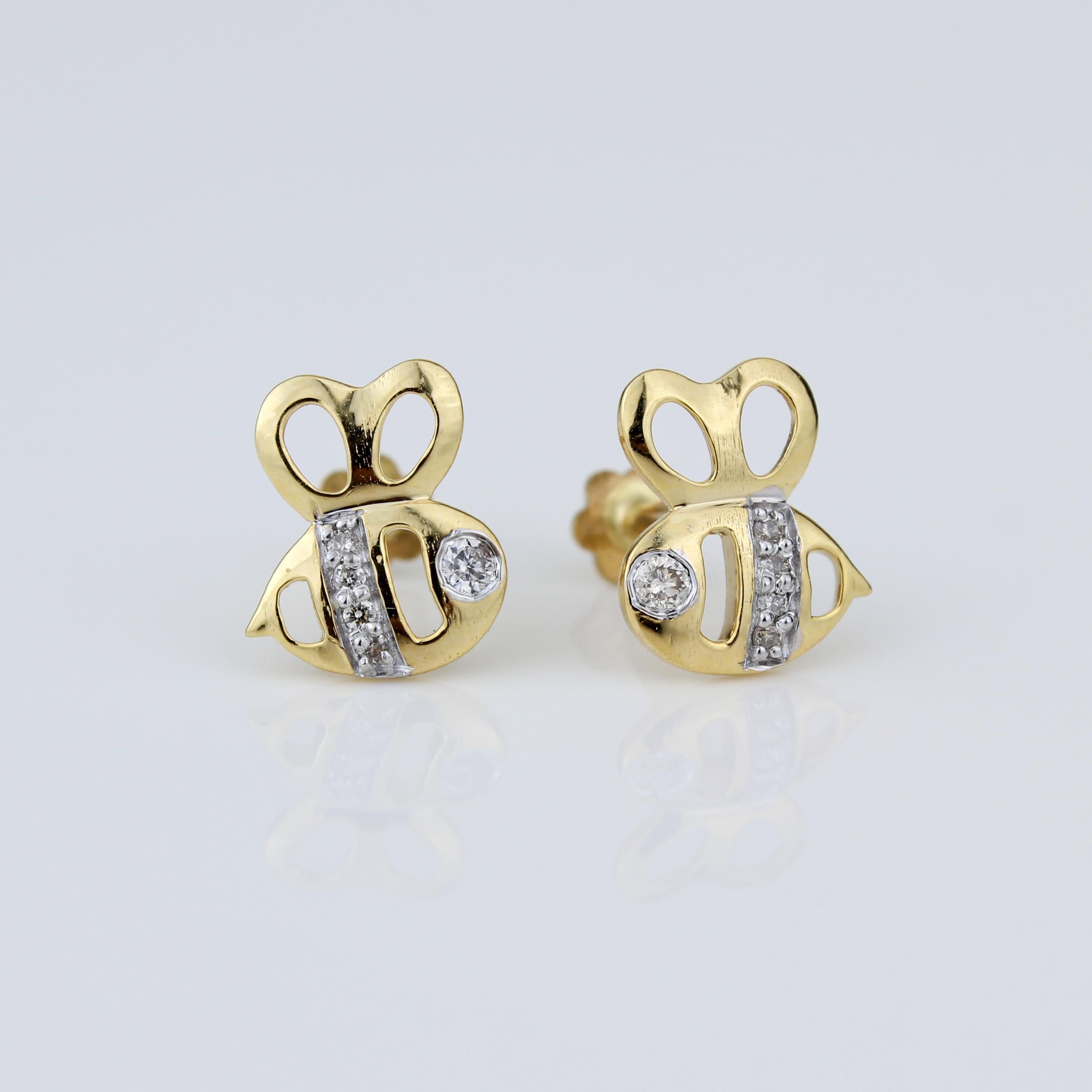 Art Deco Honeybee Diamond Earrings for Girls/Toddlers/Kids in 18K Solid Gold For Sale