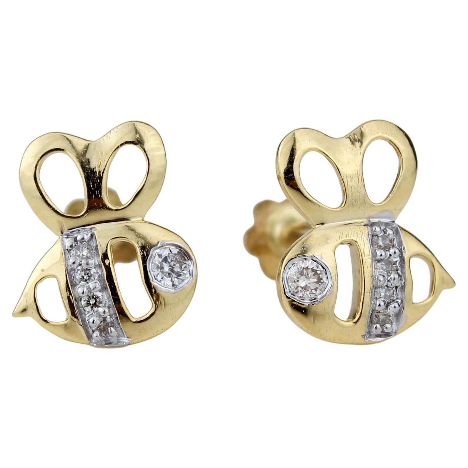 Honeybee Diamond Earrings for Girls/Toddlers/Kids in 18K Solid Gold For Sale