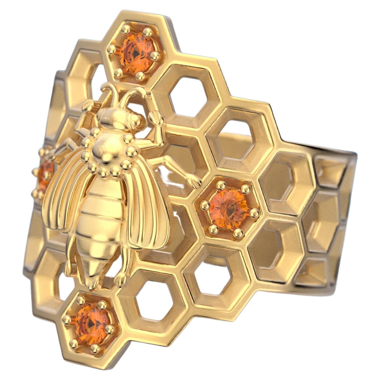 For Sale:   Honeycomb Bee Ring in 14k Solid Gold with natural Orange Spessartite Garnet 2