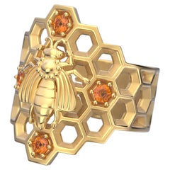 Honeycomb Bee Ring in 14k Solid Gold with natural Orange Spessartite Garnet