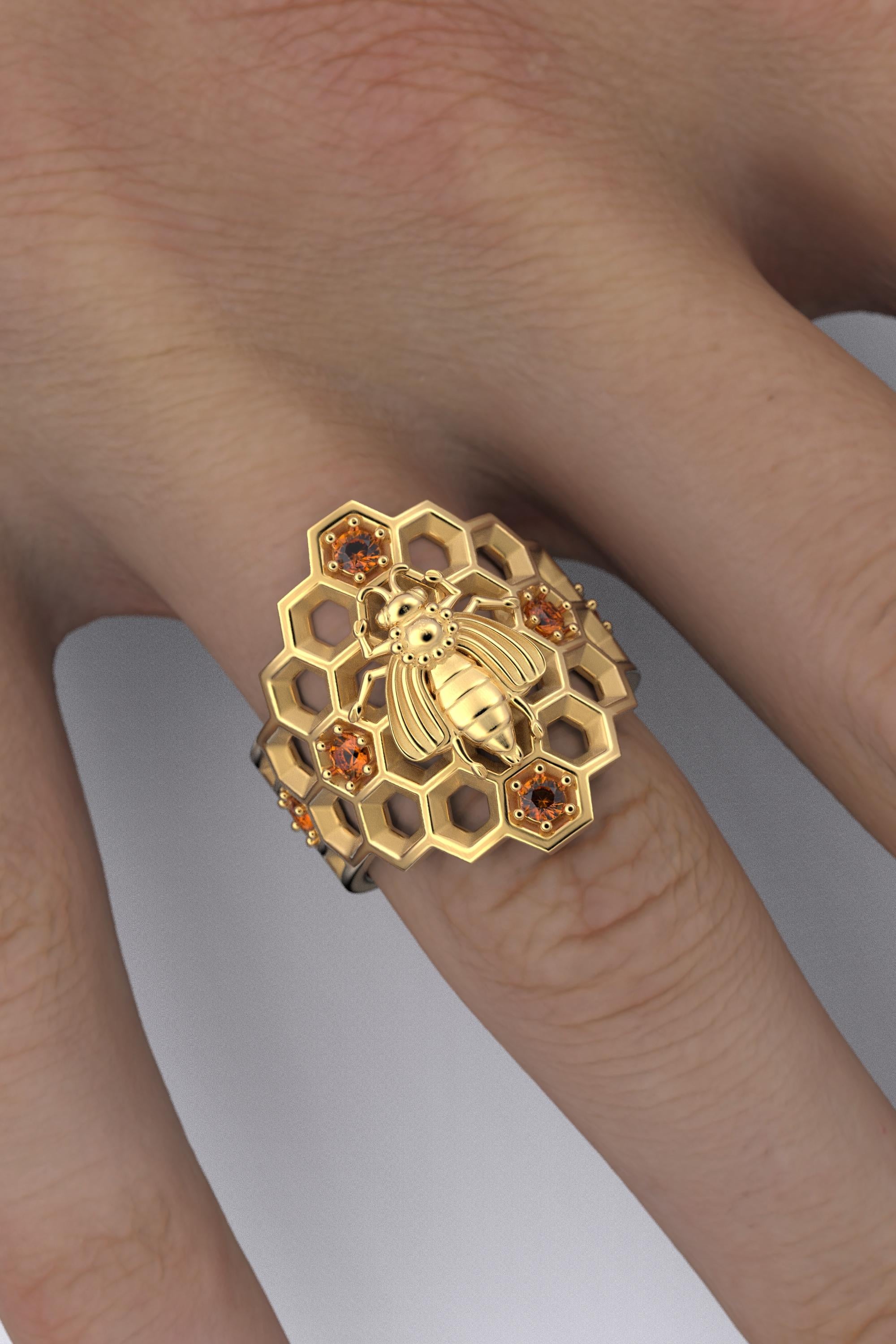 For Sale:   Honeycomb Bee Ring in 14k Solid Gold with natural Orange Spessartite Garnet 3