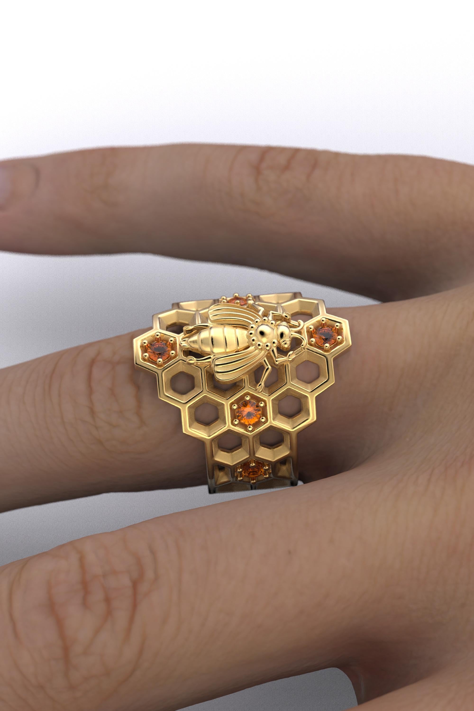 For Sale:   Honeycomb Bee Ring in 14k Solid Gold with natural Orange Spessartite Garnet 4
