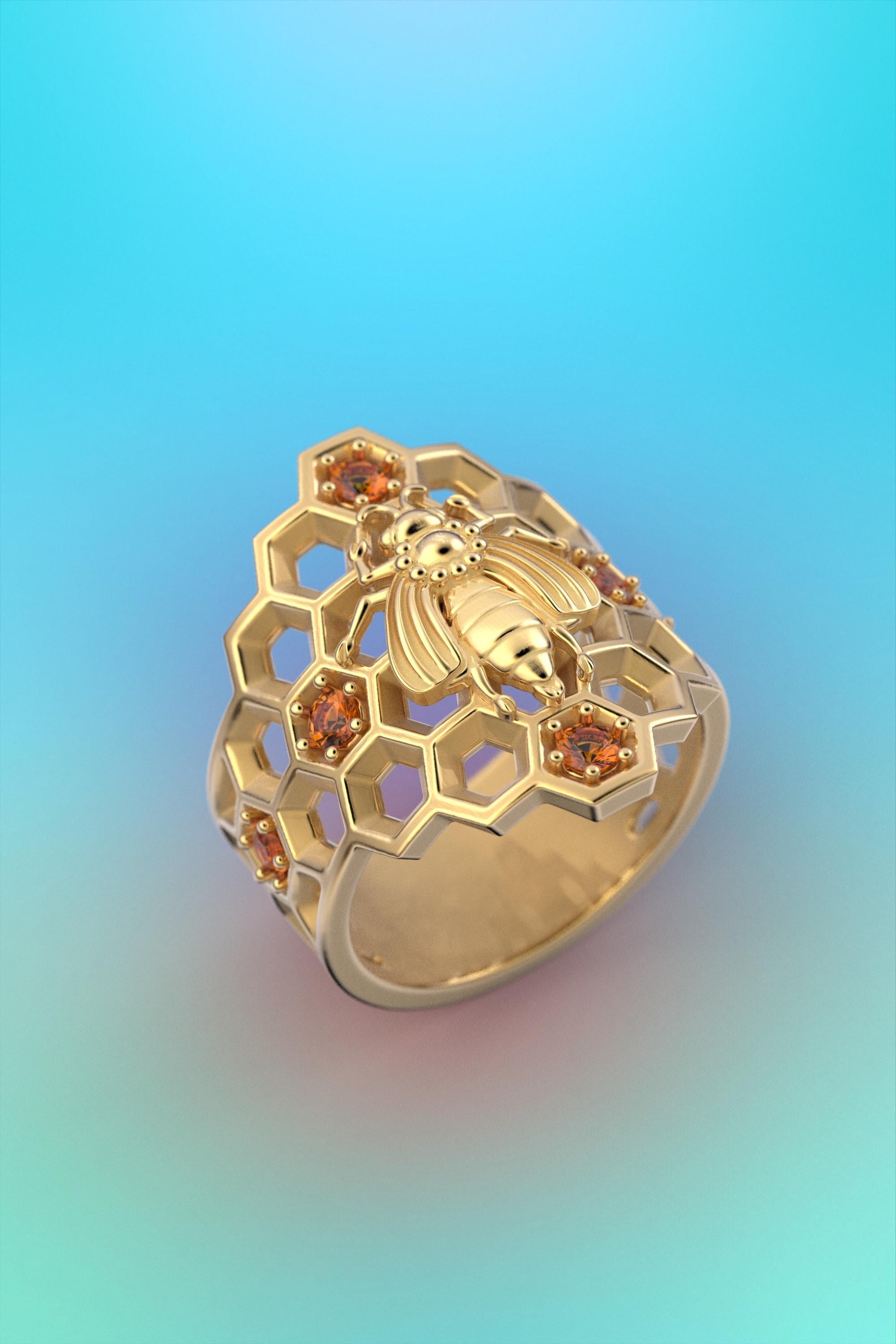 For Sale:   Honeycomb Bee Ring in 14k Solid Gold with natural Orange Spessartite Garnet 7