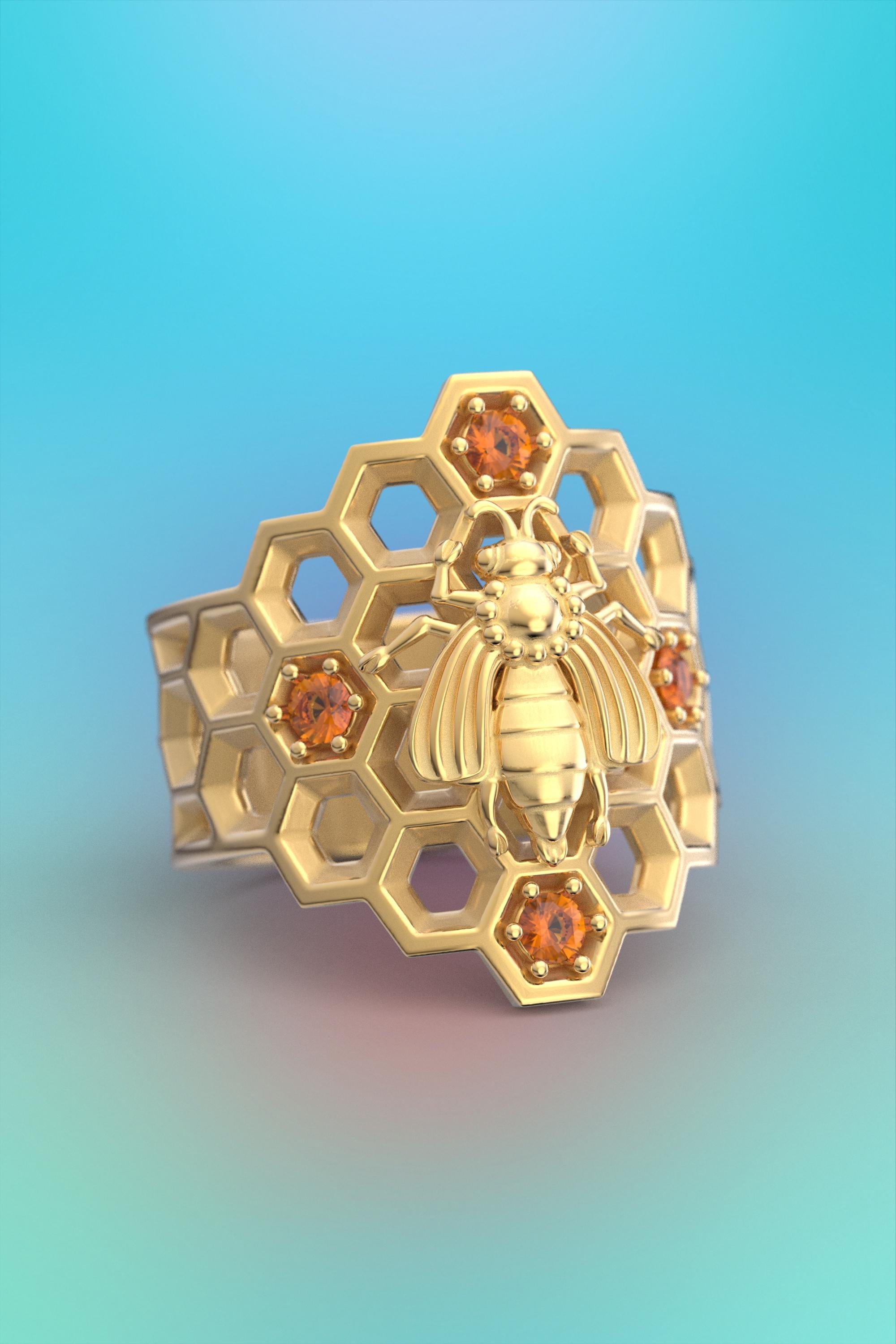 For Sale:   Honeycomb Bee Ring in 14k Solid Gold with natural Orange Spessartite Garnet 9