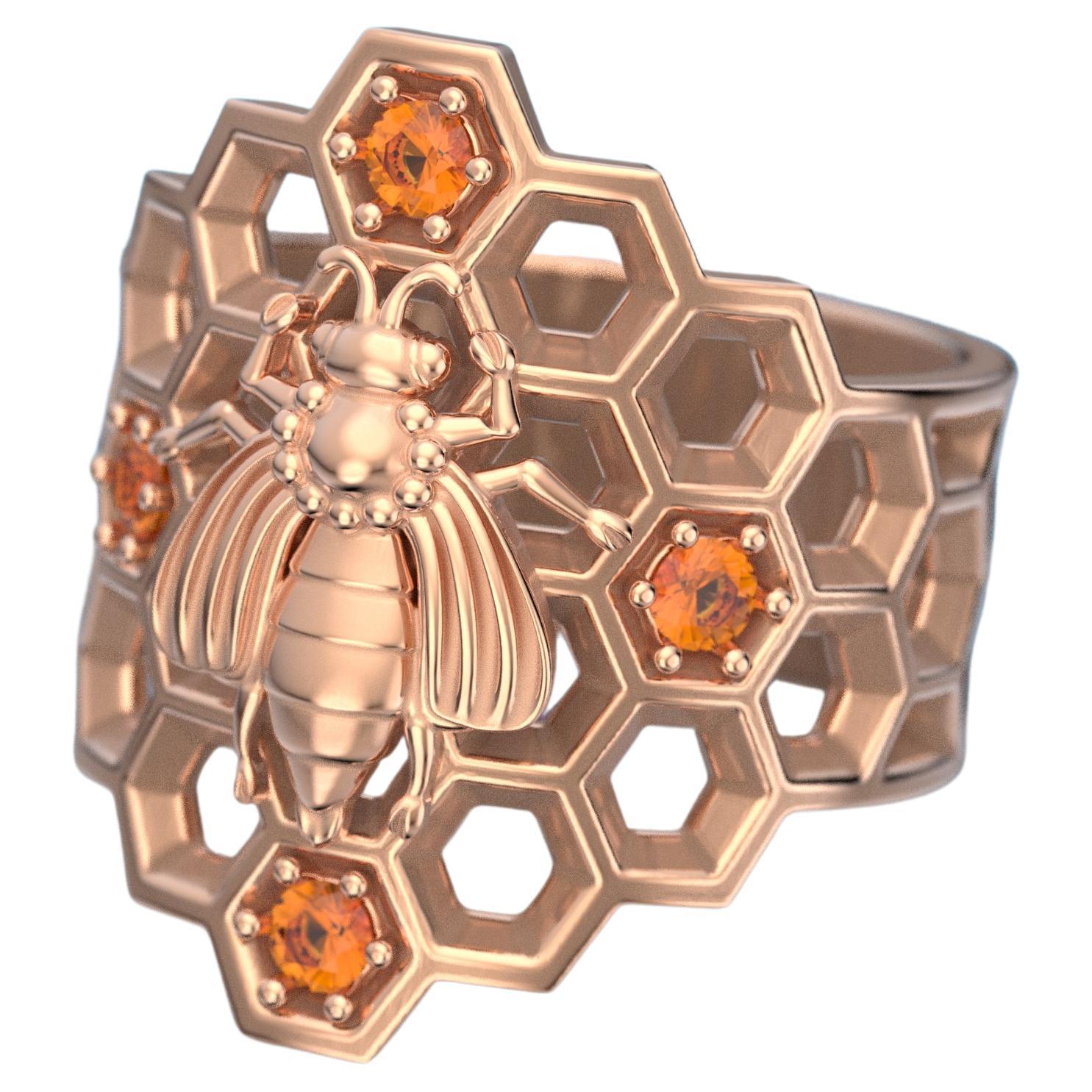 For Sale:   Honeycomb Bee Ring in 14k Solid Gold with natural Orange Spessartite Garnet