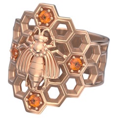  Honeycomb Bee Ring in 14k Solid Gold with natural Orange Spessartite Garnet