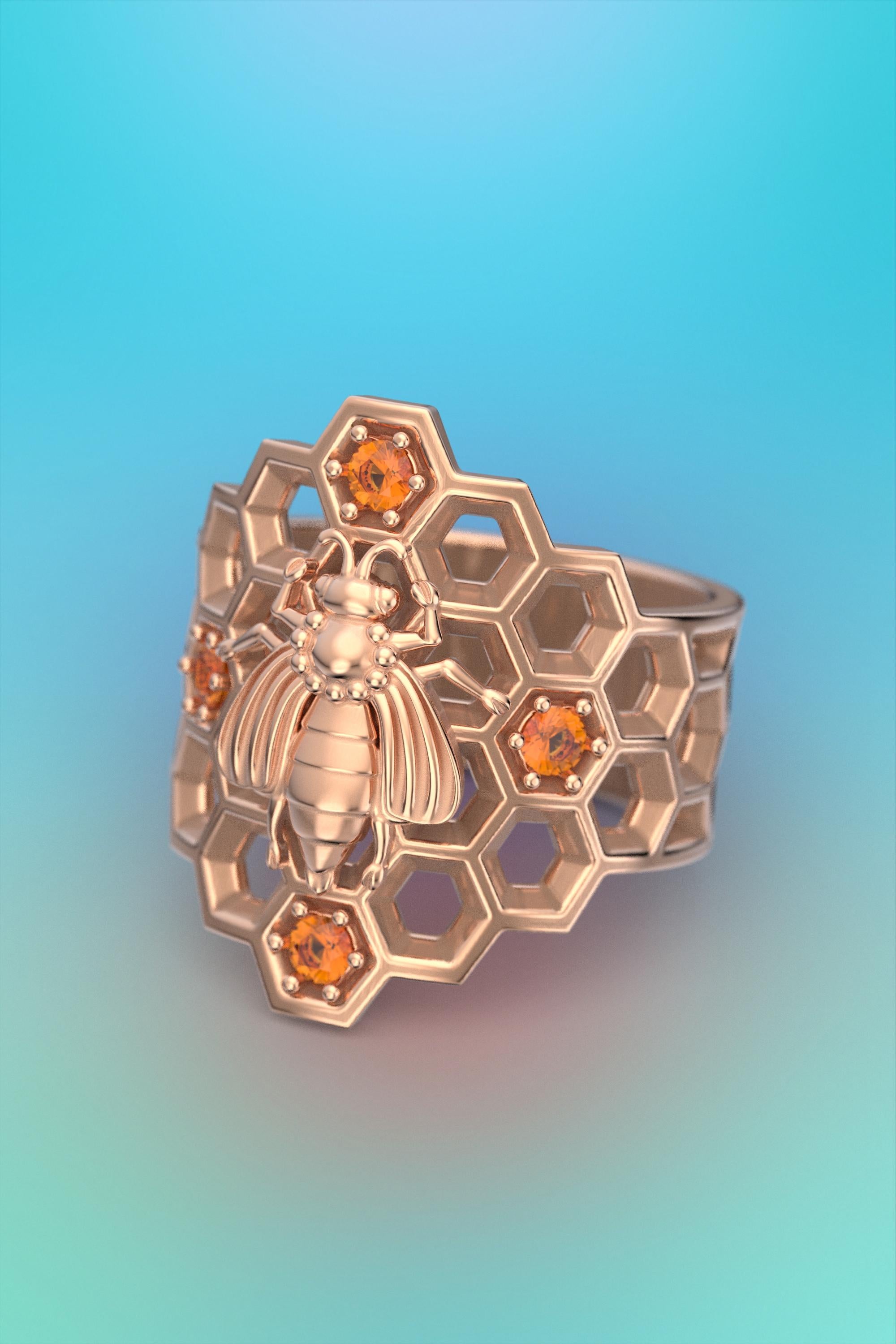For Sale:  Honeycomb Bee Ring in 18k Solid Gold with natural Orange Spessartite Garnet 10