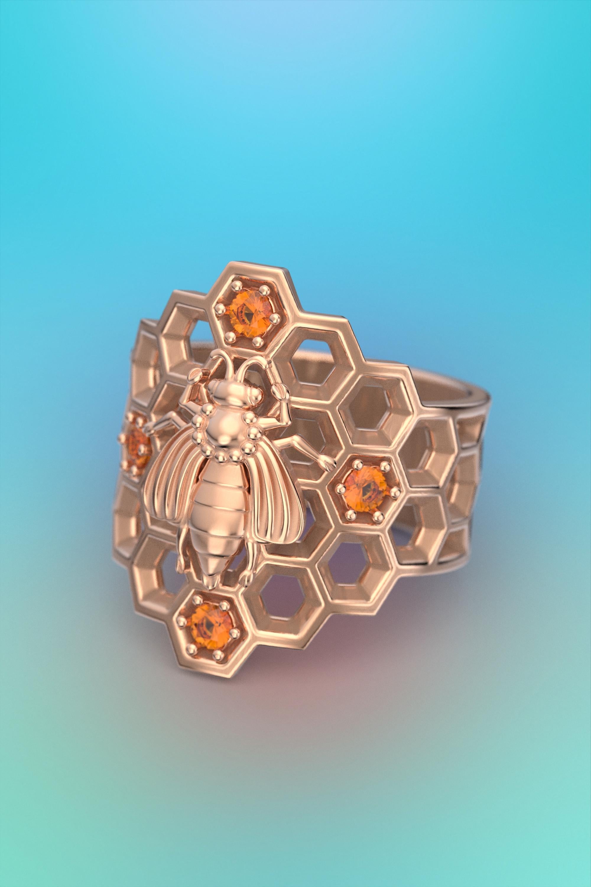 For Sale:   Honeycomb Bee Ring in 18k Solid Gold with natural Orange Spessartite Garnet 10