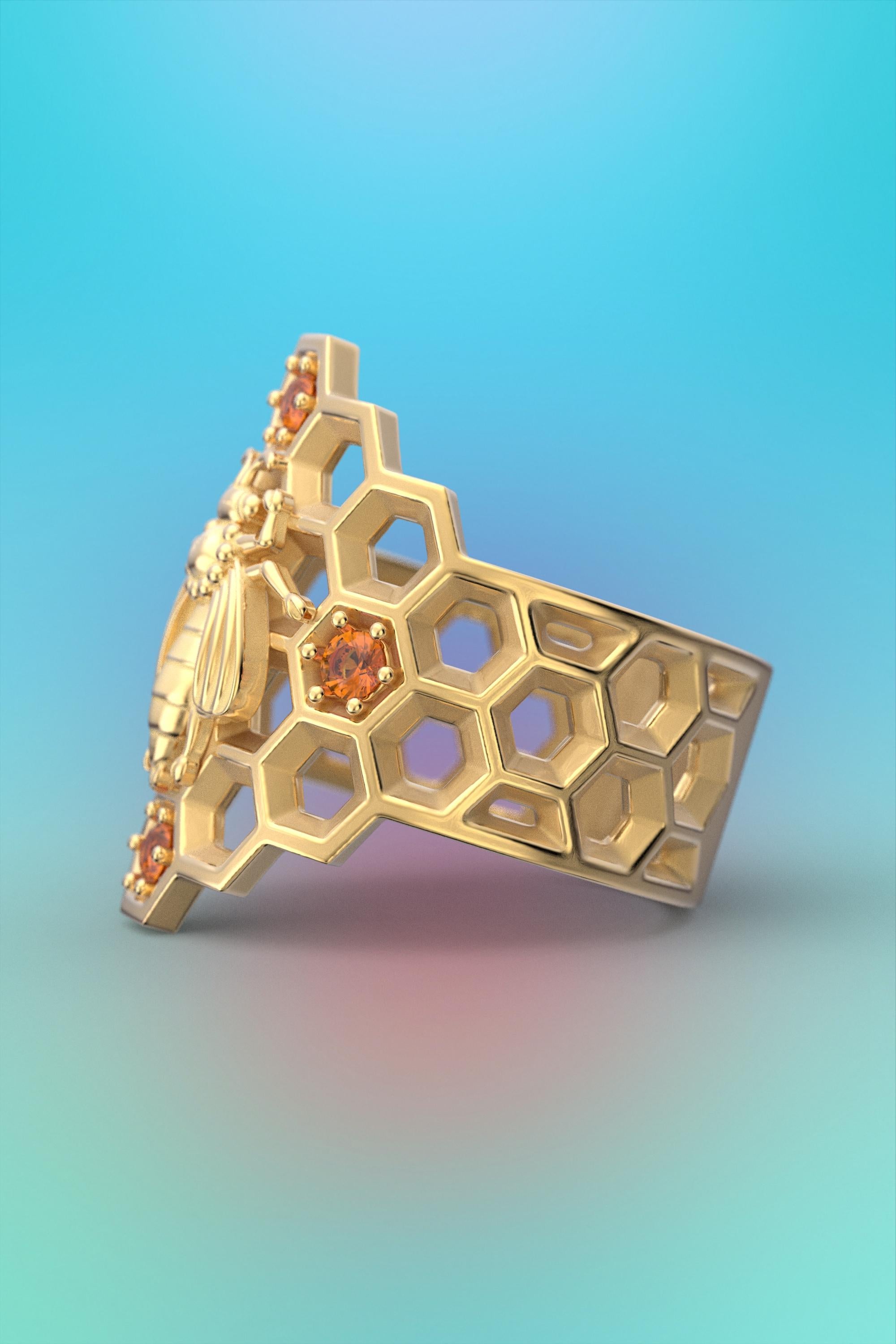 For Sale:  Honeycomb Bee Ring in 18k Solid Gold with natural Orange Spessartite Garnet 12