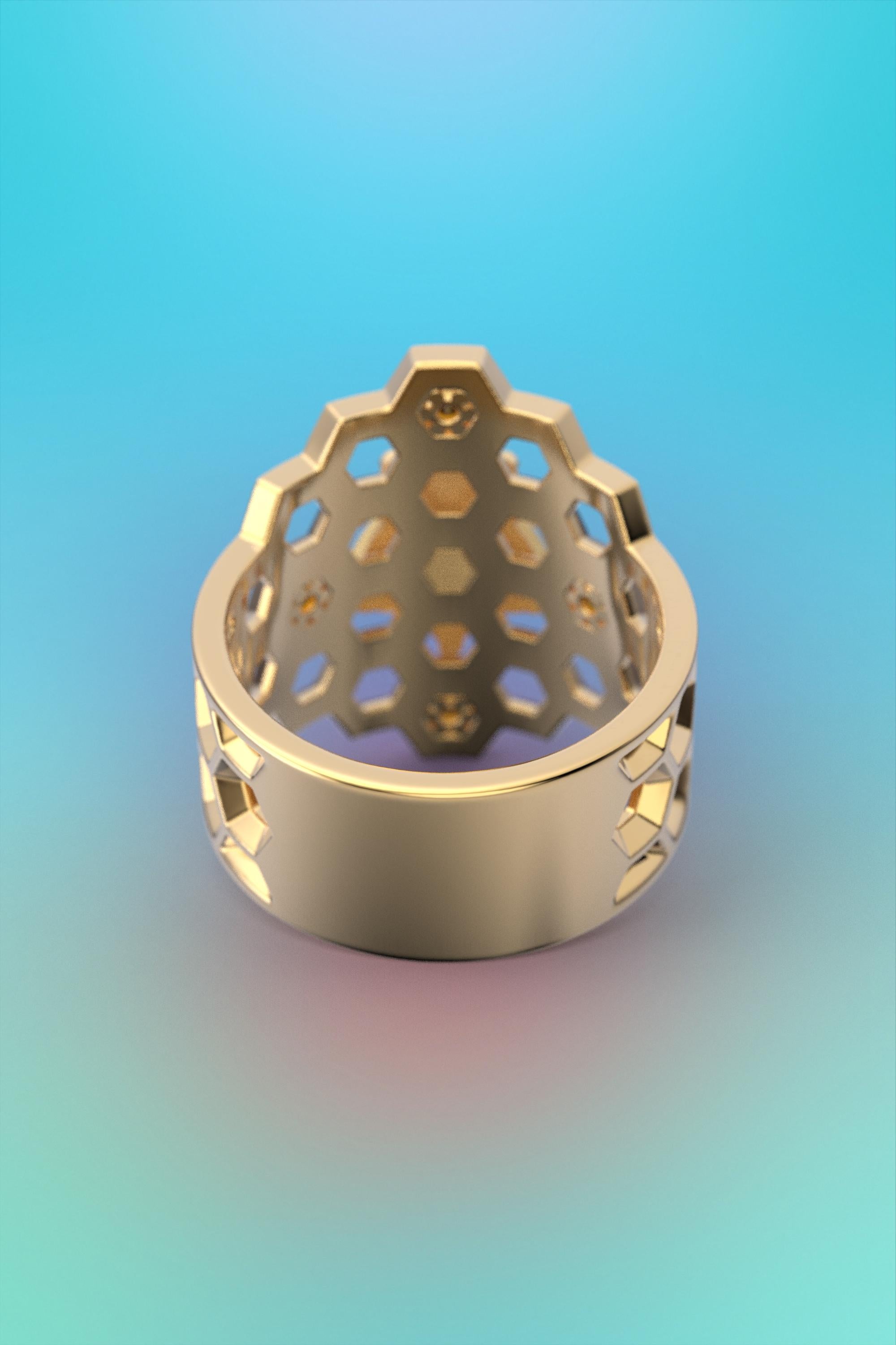 For Sale:  Honeycomb Bee Ring in 18k Solid Gold with natural Orange Spessartite Garnet 13