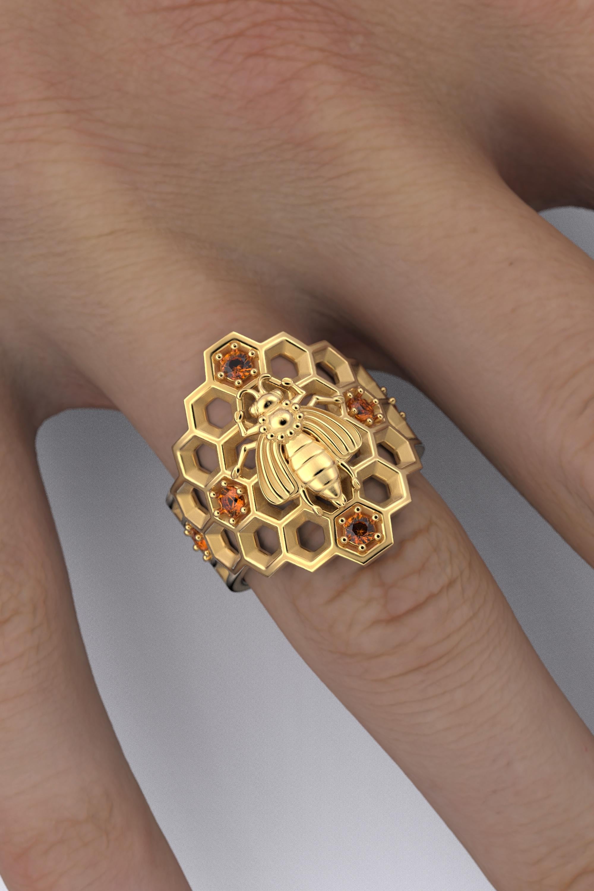 For Sale:  Honeycomb Bee Ring in 18k Solid Gold with natural Orange Spessartite Garnet 2
