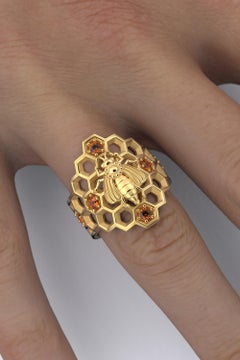 Honeycomb Bee Ring in 18k Solid Gold with natural Orange Spessartite Garnet