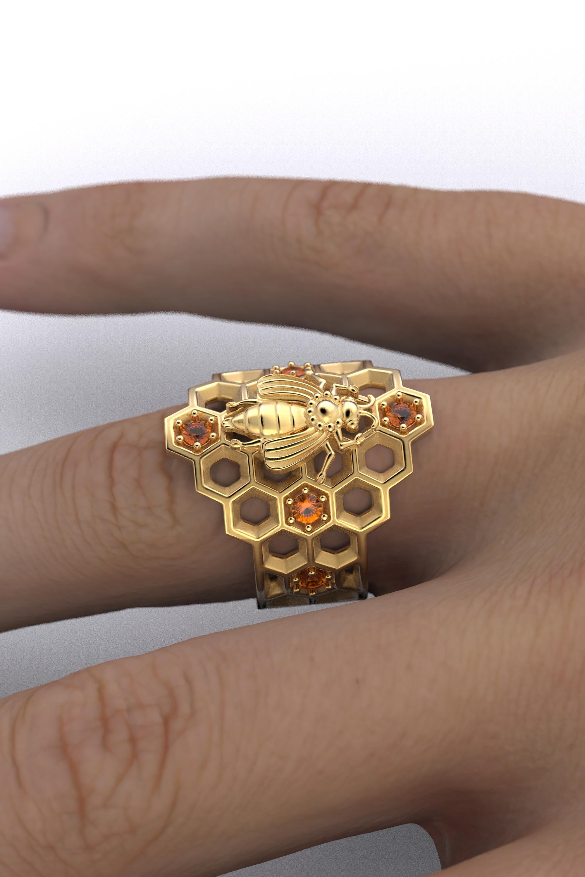 For Sale:  Honeycomb Bee Ring in 18k Solid Gold with natural Orange Spessartite Garnet 3
