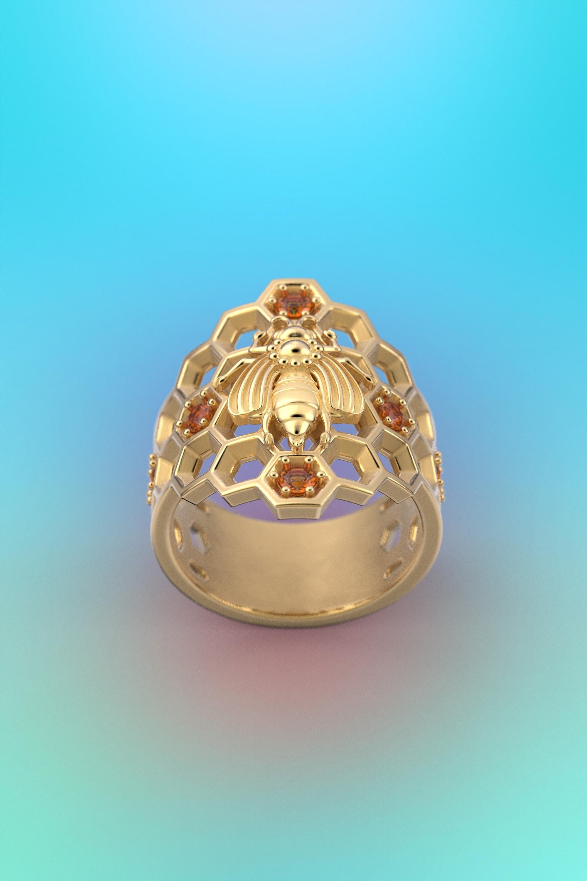 For Sale:  Honeycomb Bee Ring in 18k Solid Gold with natural Orange Spessartite Garnet 7